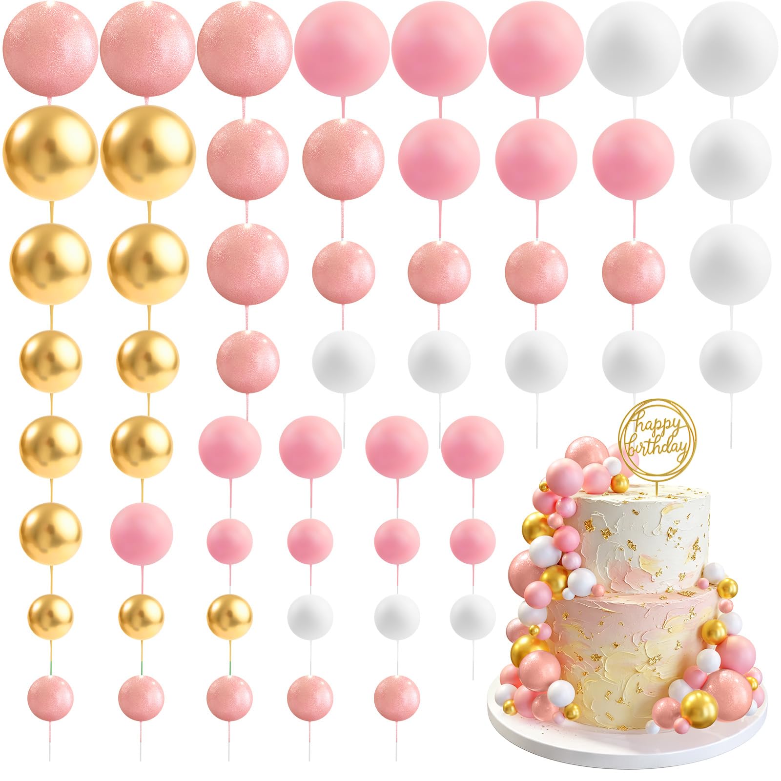 CHRORINE 55 Pcs Balls Cake Topper Decorations Mini Balloon Cupcake Toppers Foam Balls for Cake Decorating Birthday Parties Weddings Anniversary Baby Shower (Pearlescent Pink Gold) — image 1