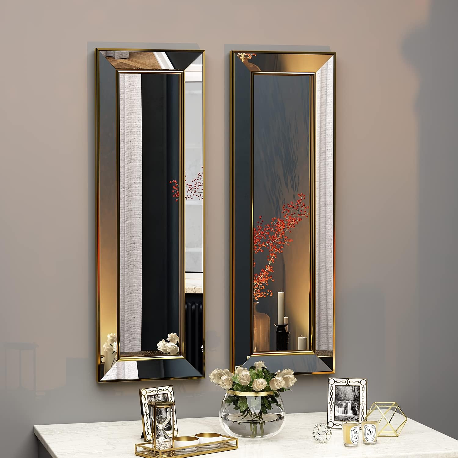 Becomin 5774 Wall Mirror, Bathroom Mirror, Vanity Mirror, Mirrored Frame, Gold-Plated, Modern, 30 x 90 x 3.5 cm Set of 2
