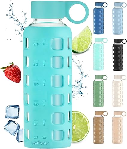 purifyou Botella de agua de vidrio de borosilicato de 40 onzas, 32 onzas, 22 onzas, 12 onzas, con marcadores de tiempo y volumen, funda de silicona,