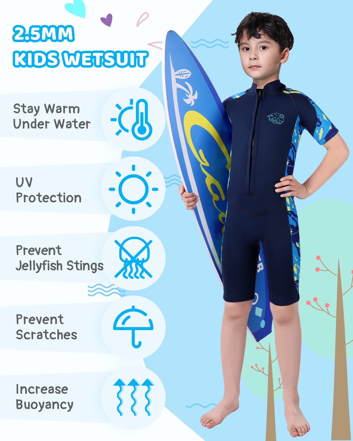 Yikayin Combinaison De Plongée Enfant 2,5MM Néoprène Shorty - Pour Garçons Et Filles Natation, Plongée, Surf, Snorkeling