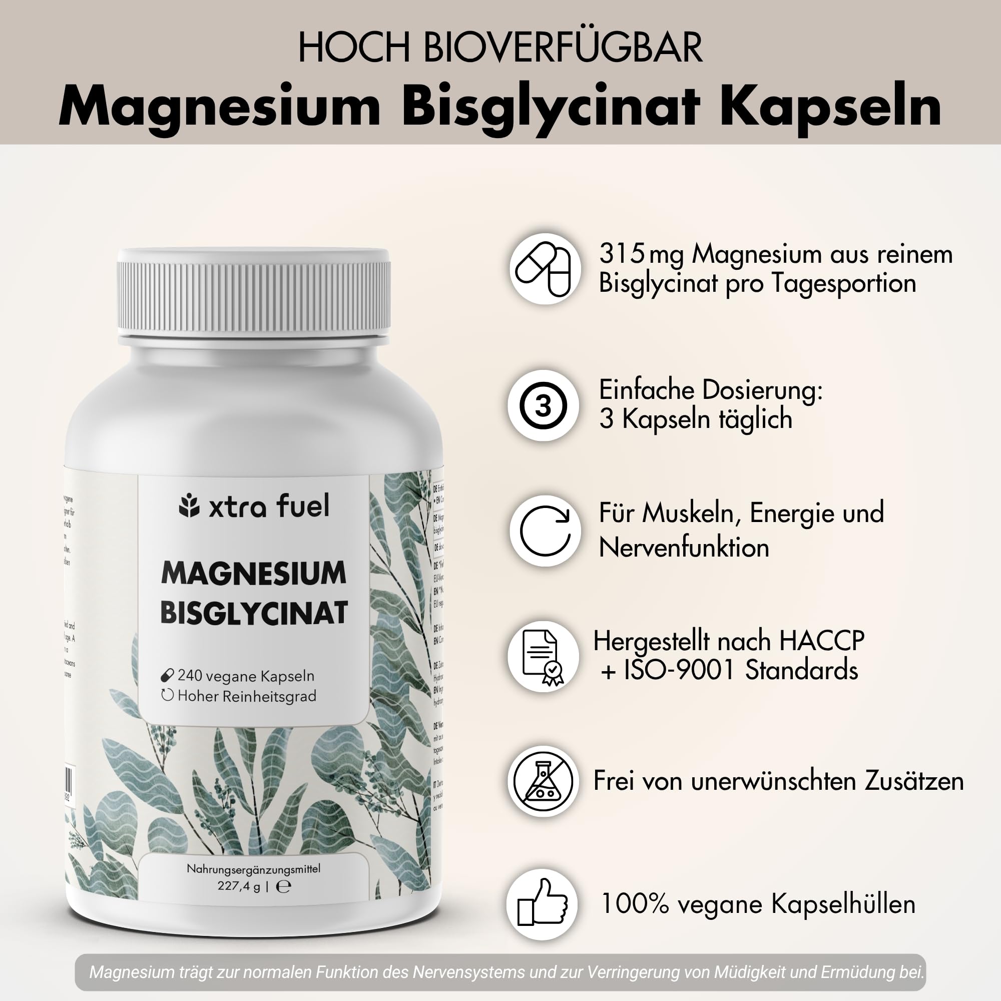 Magnesium Bisglycinat 480 Kapseln hochdosiert – 315 mg elementares Magnesium pro Tagesportion – Magnesium Glycinat Chelat für Muskeln, Nerven & Energie