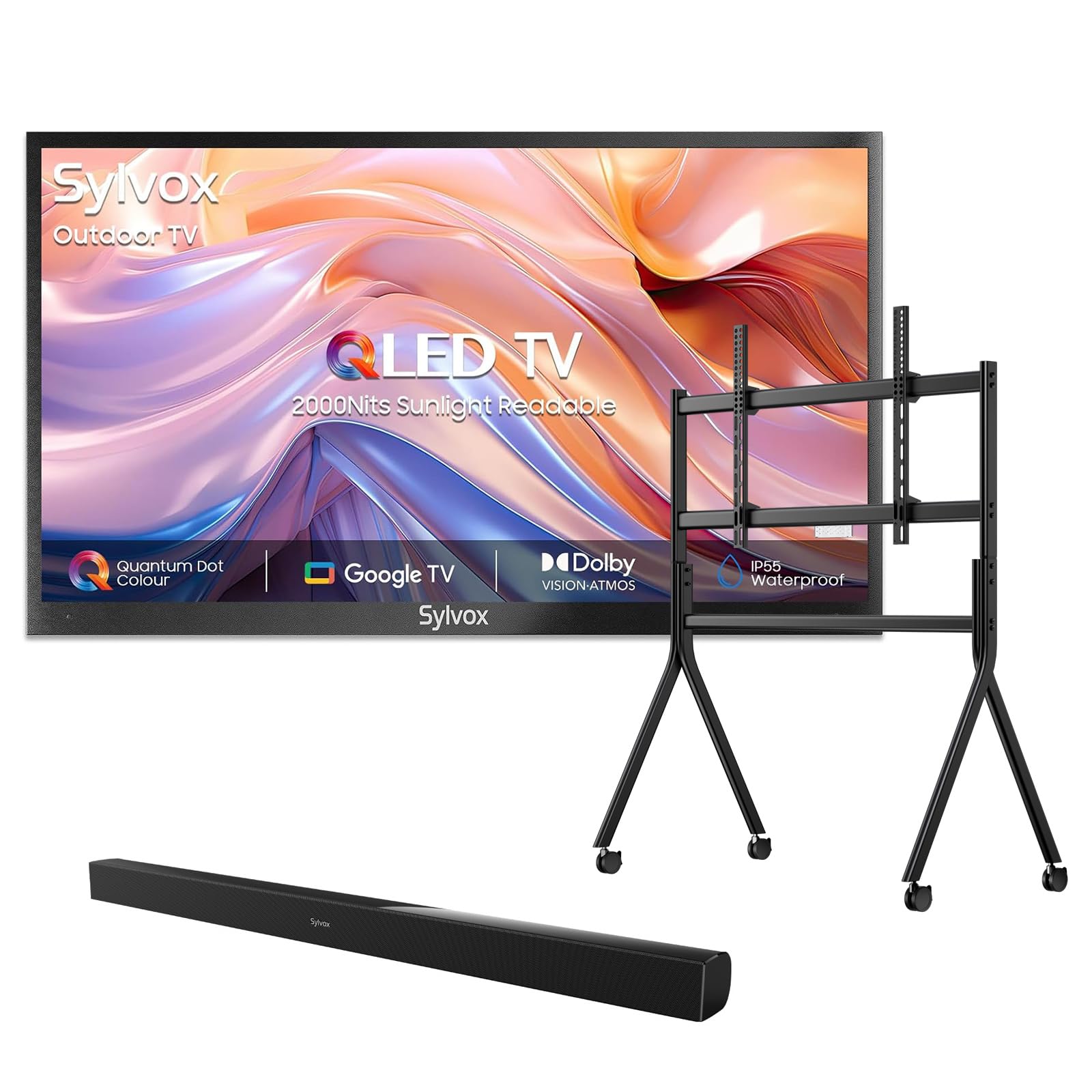 SYLVOX Outdoor TV with Rolling Stand Soundbar 65 inch Smart QLED TV 2000 Nit Full Sun Weatherproof 4K