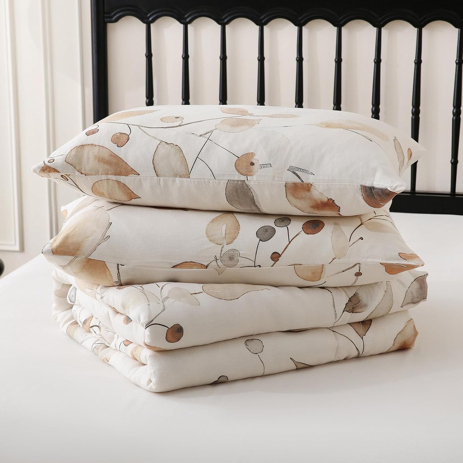 Merryword Linen Leaves Comforter Set King Size 3 Pieces Natural French Flax Linen Bedding Soft Breathable Moisture Wicking Comfy