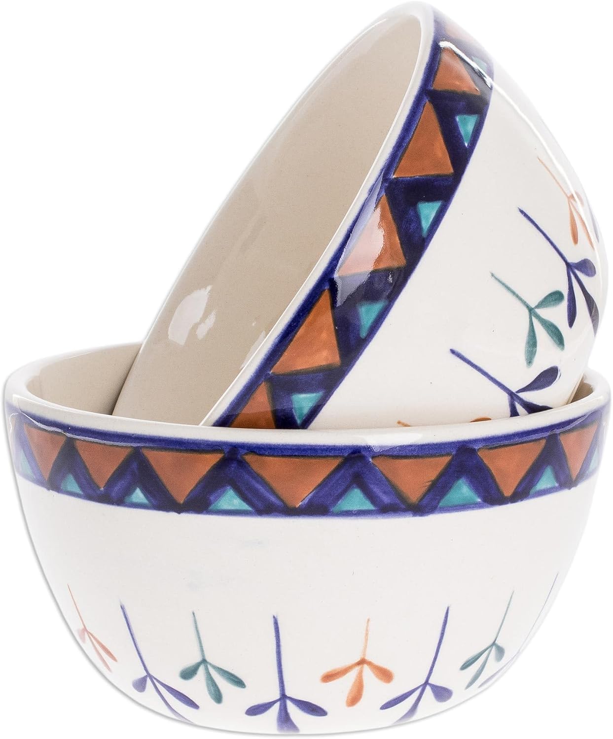 NOVICA Blue Ivory Orange Ceramic Geometric Serving Bowls Serveware From Guatemala 'Antigua Breeze'