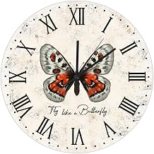 UFunhome 10-Inch Wall Clocks Fly Like A Butterfly Round Battery Operated Retro Wooden Clocks Silent Non Ticking Roman Numeral Wall Decor for Farmhouse Kitchen Bedroom Bathroom