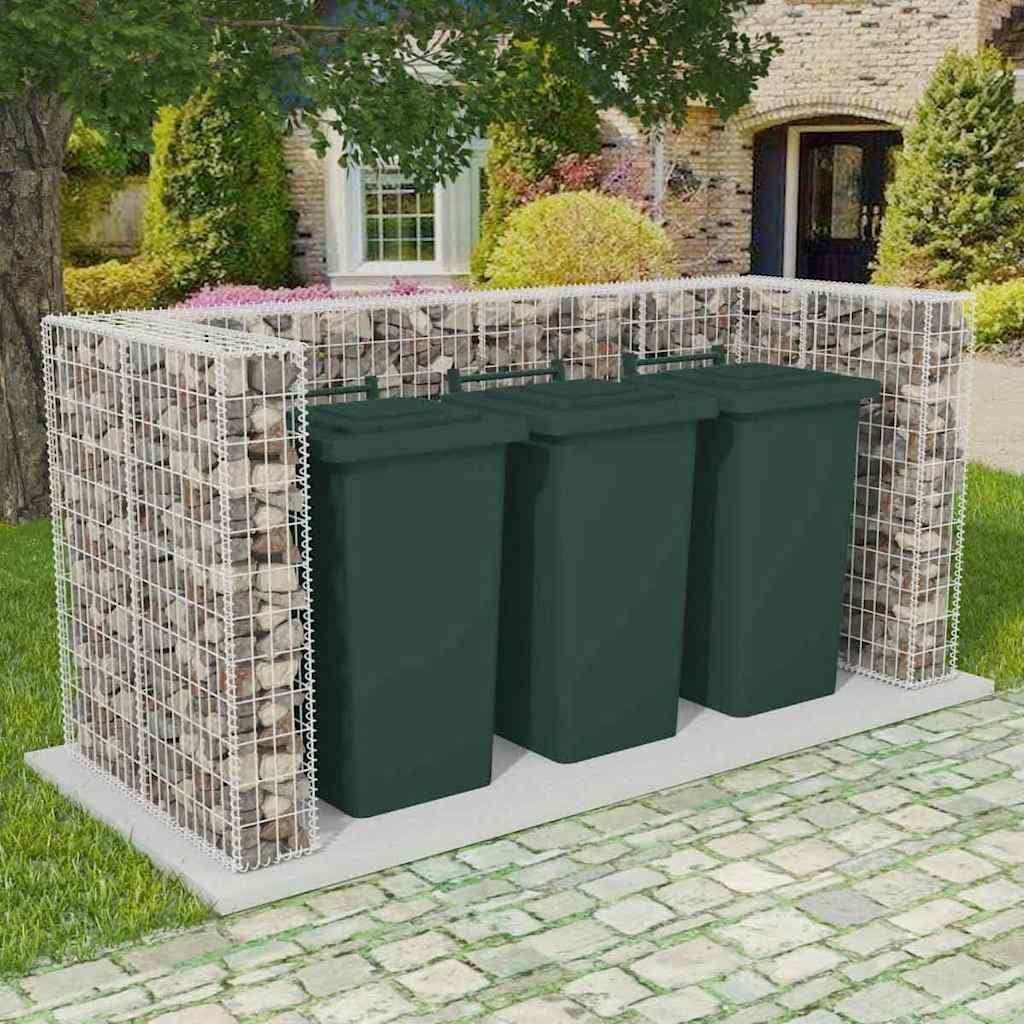 Gabionen-Mülltonnenverkleidung aus verzinktem Stahl für 3 Mülltonnen 250 x 100 x 120 cm, Mülltonnenbox für Garten und Vorgarten mit wetterfester Abdeckung
