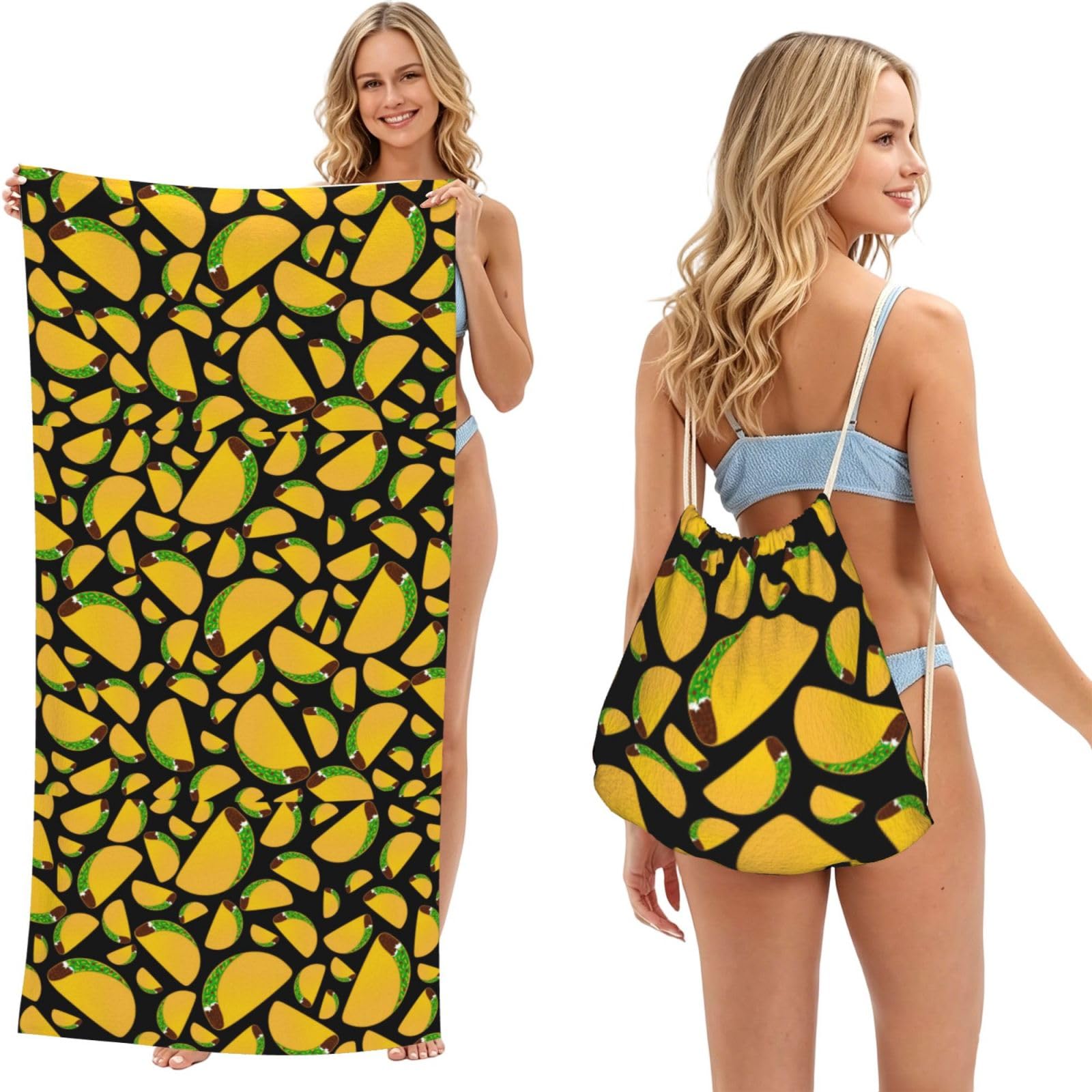Poadnly As Picture Black Tacos Design, 2 In 1 Packable Towel Bag, Beach Towels With Drawstring Backpack For Travel Holiday Camping