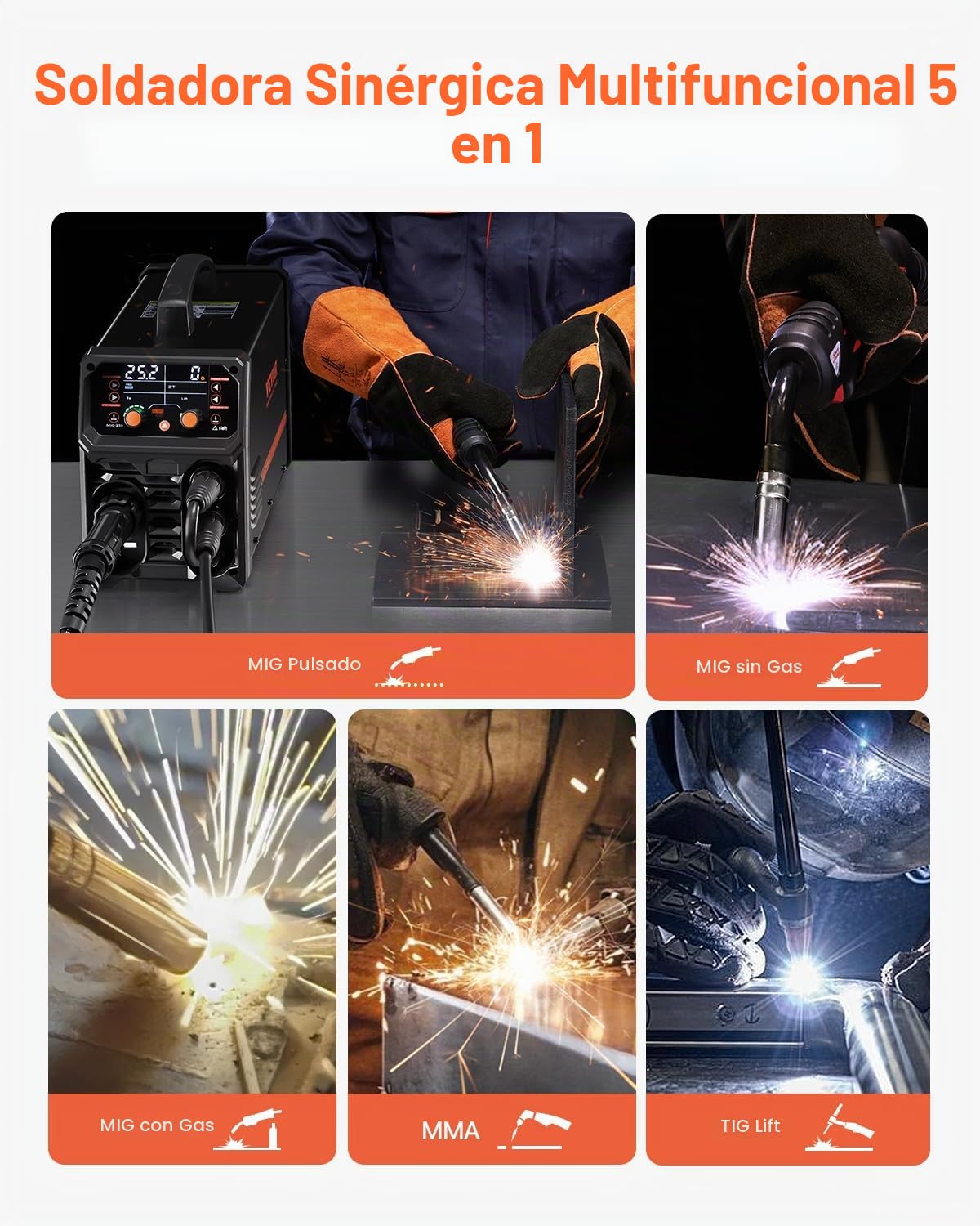 VEVOR Soldador Pro MIG 250 A, Máquina de Soldadura Sinérgica 5 en 1 MIG a Gas/MIG con Núcleo Fundente/STick/Lift TIG/MIG PLUSE con Tecnología de Inversor IGBT y Pantalla LCD, 430 x 180 x 320 mm