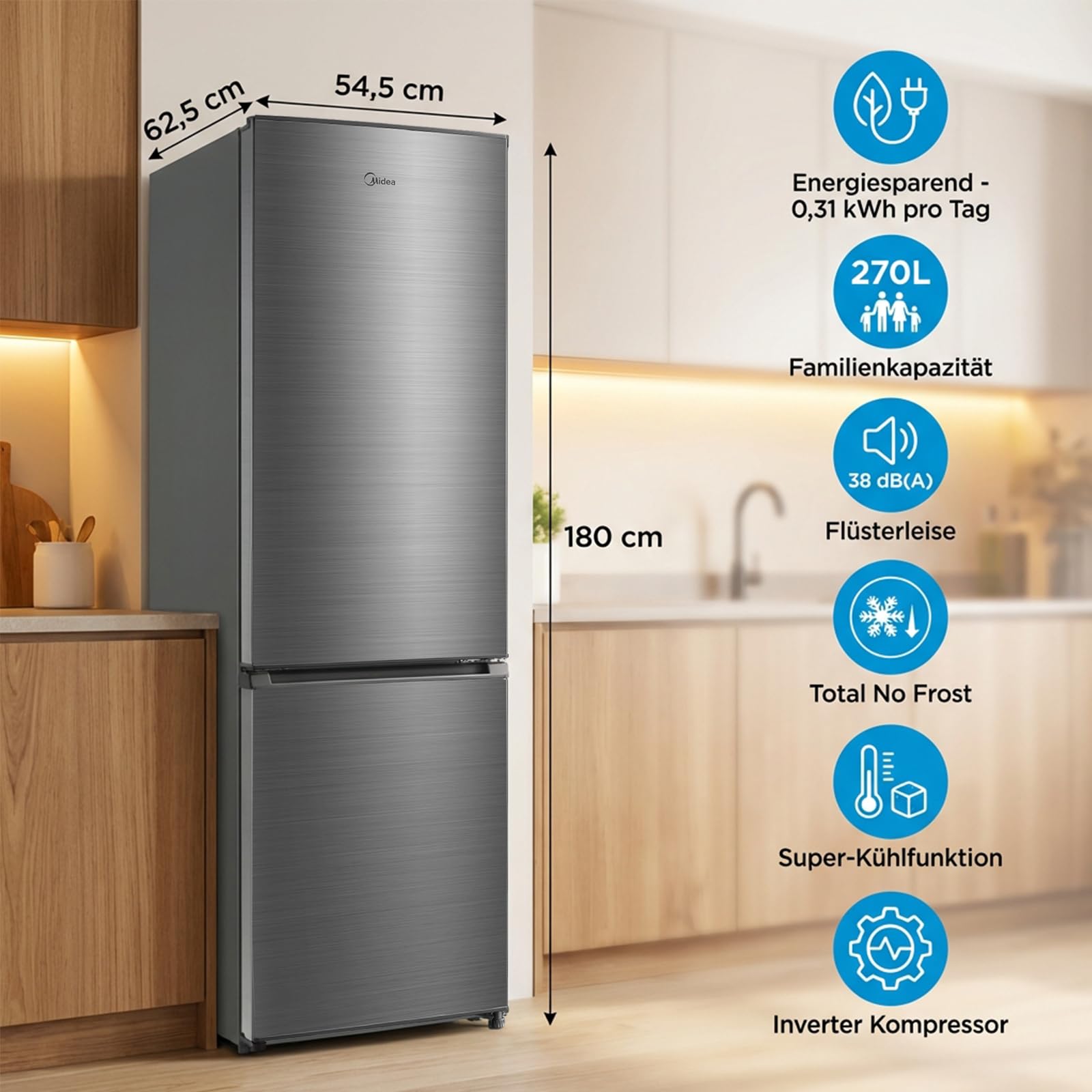 Midea 270L Kühlschrank mit gefrierfach, Nofrost, 180cm,EEK C,140 kWh/Jahr | 199L Kühlteil + 71L 4 Sterne Gefrieren( -24℃), Multi-air Flow,Inverter Kompressor, 38dB, Fresh zone, Bru-stahl