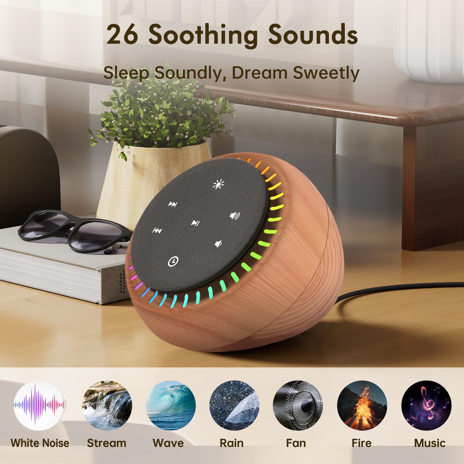 DreamSky - White Noise Sleep Sound Machine, 26 beruhigende Geräusche und 30 Stufen Lautstärke, RGB Nachtlicht Dimmer, Braunes Rauschen für schlafende Erwachsene, Baby, Kinder, Timer