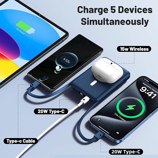 Azmuth for Mag-safe Power Bank, 10000mAh Magnetic Battery Pack 20W PD Fast Charging with USB-C Cable LED Wireless Portable Charger with Stand for iPhone 17/16/15/14/13/12/Pro/Max(Blue) - 5
