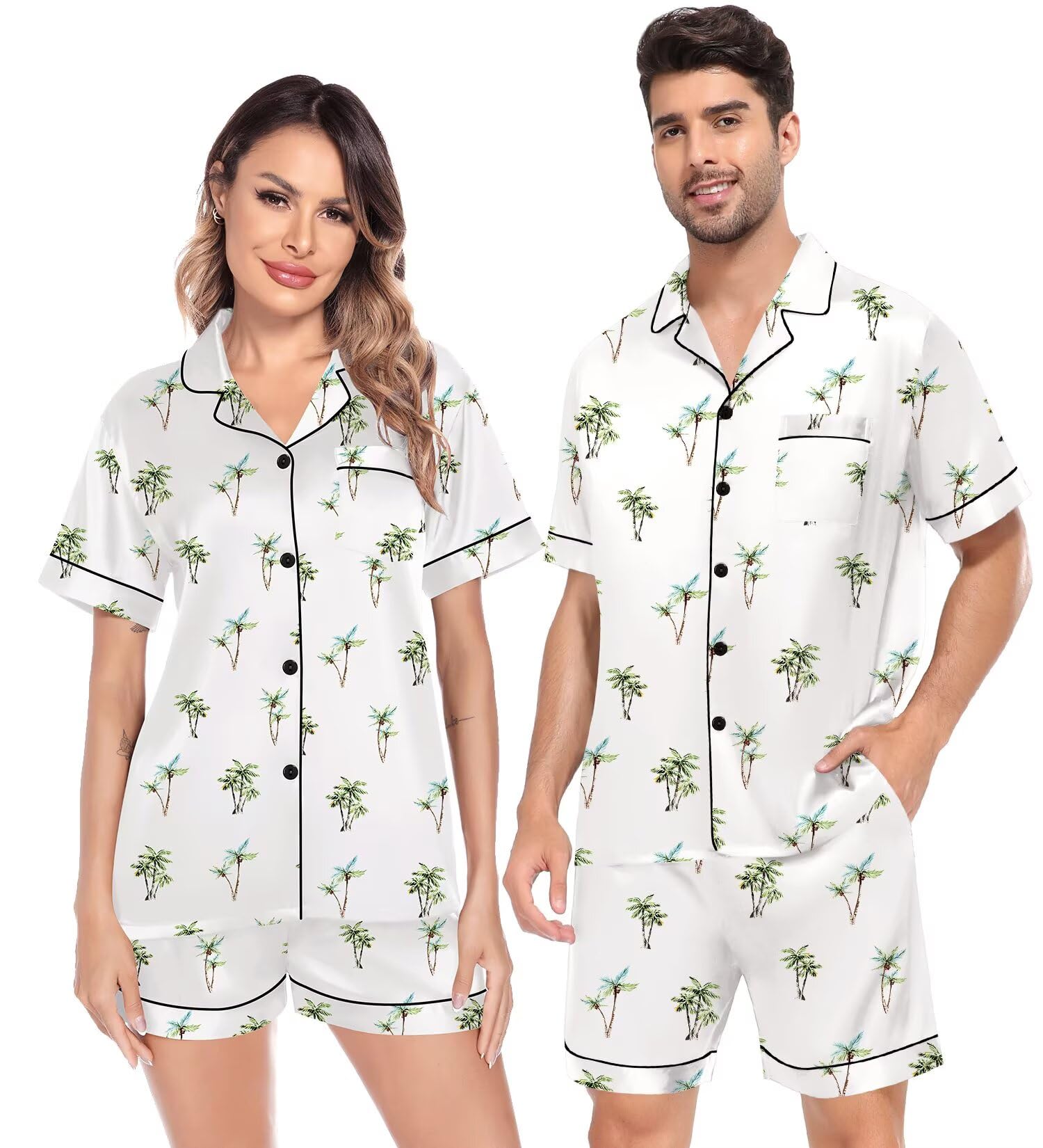 SWOMOG Satin Matching Pajamas Sets Couple Silk Button Down Nightwear Women &amp; Men Short Sleeve Sleepwear 2 Pieces Loungewear