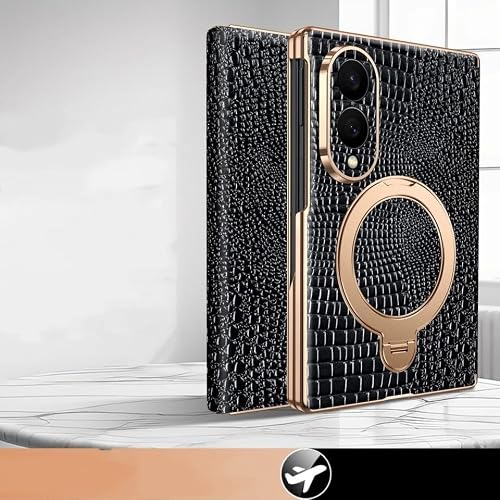 Generic etui kompatybilne z Samsung Galaxy Z Fold 7 (kolor: czarny) prawdziwa skóra metalowy stojak uchwyt etui premium wzór pokrowiec