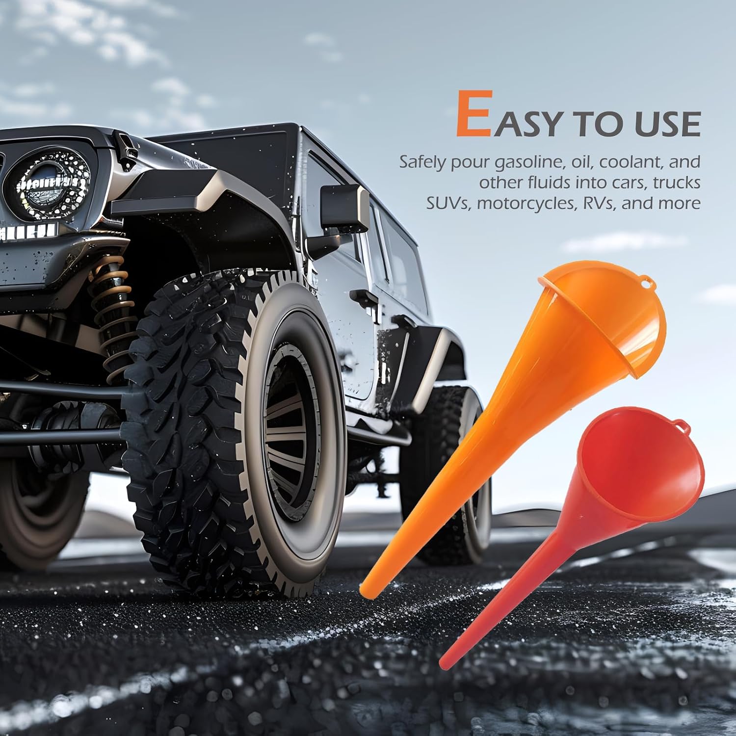 Pack-2 Long Neck Oil Funnel, Hand-Free No Cover Plastic Lubricant Filling Funnel, Top Hanging Loop Design Portable Oil Change Accessory, Suitable for Most Cars Motorcycles (Red & Orange)