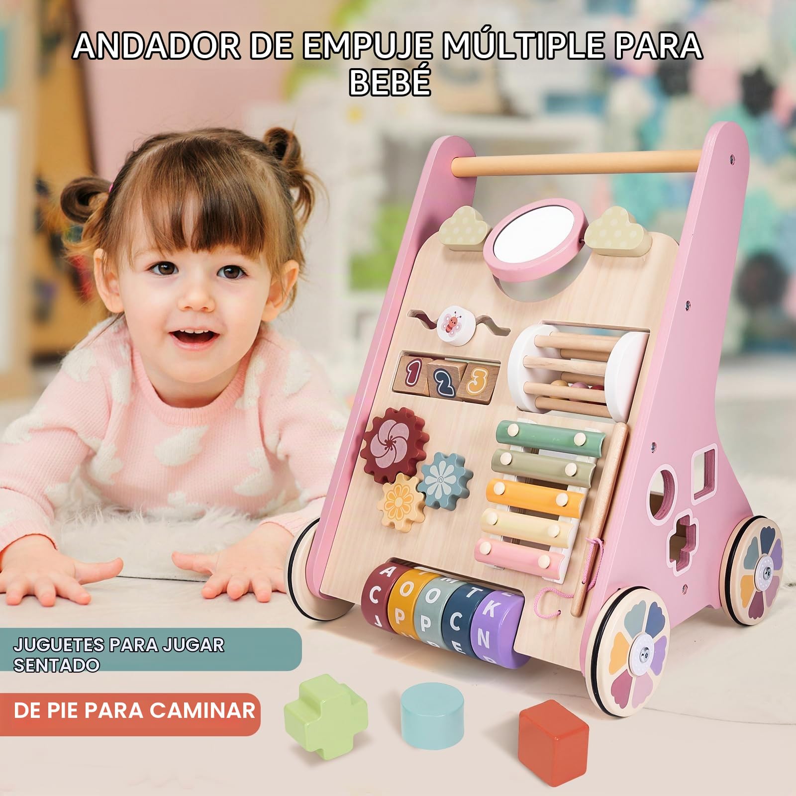 Montessori - Andador de madera para bebés, juguete para actividades de aprendizaje de empujar y tirar, andador de bebé con ruedas para niños y niñas de 1 año, juguete de empuje para niños y niñas de 1