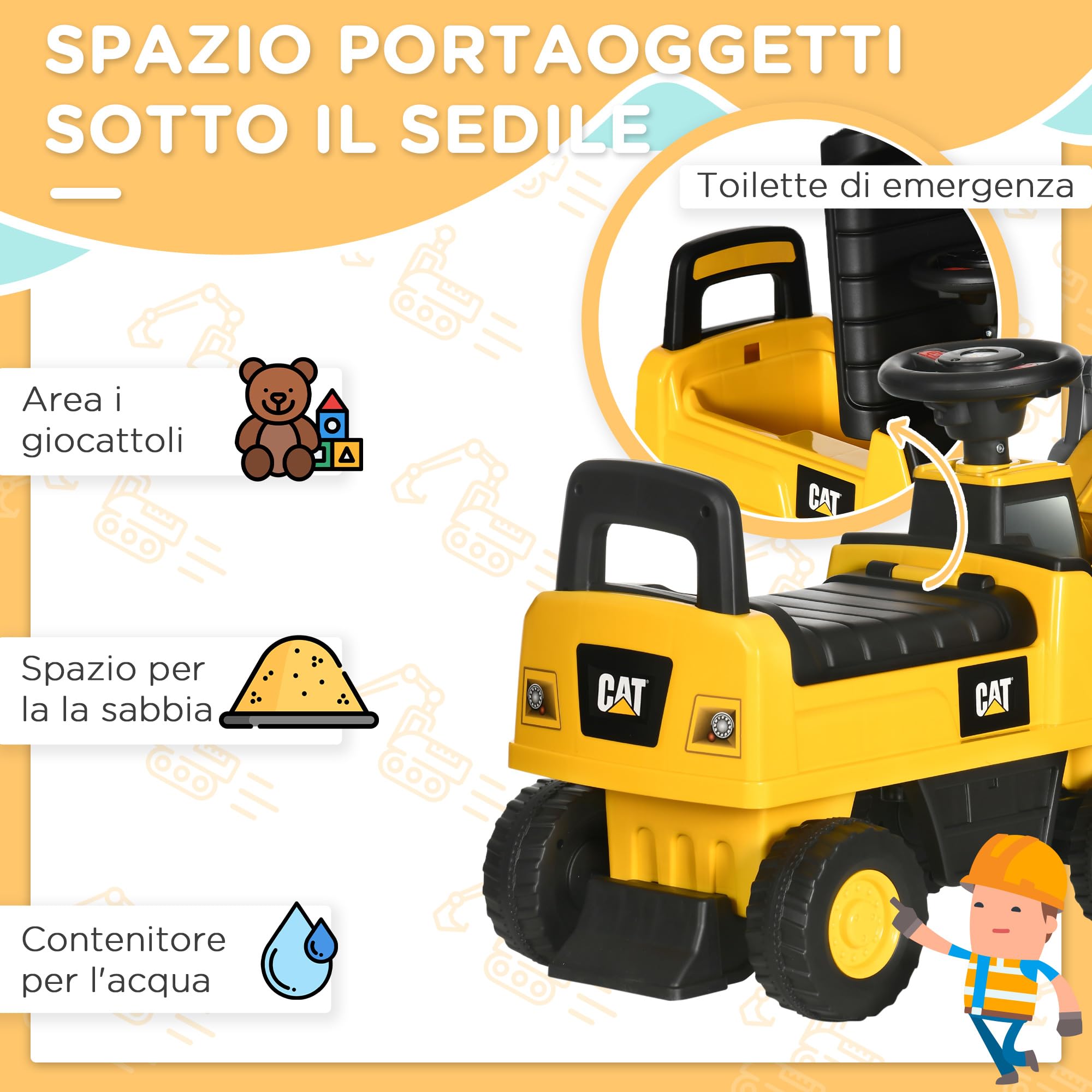 HOMCOM Ruspa Giocattolo per Bambini 18 e 36 Mesi con Licenza Caterpillar e Spazio Portaoggetti, Escavatore Giocattolo Cavalcabile in PP e Metallo con Clacson e Schienale, 78x29.5x54 cm, Giallo e Nero