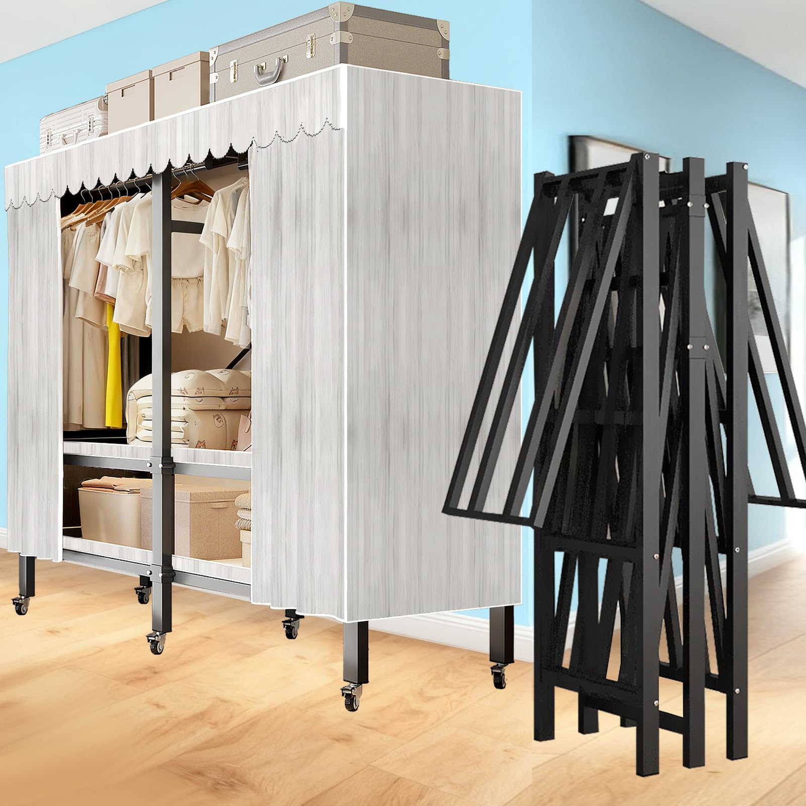 FKKPRVAX Garment Rack with Cover, Heavy Duty Portable Wardrobe Closet 2000LB, Foldable Clothe Rack with Wheel, Clothes Rack for Hanging, Amoires
