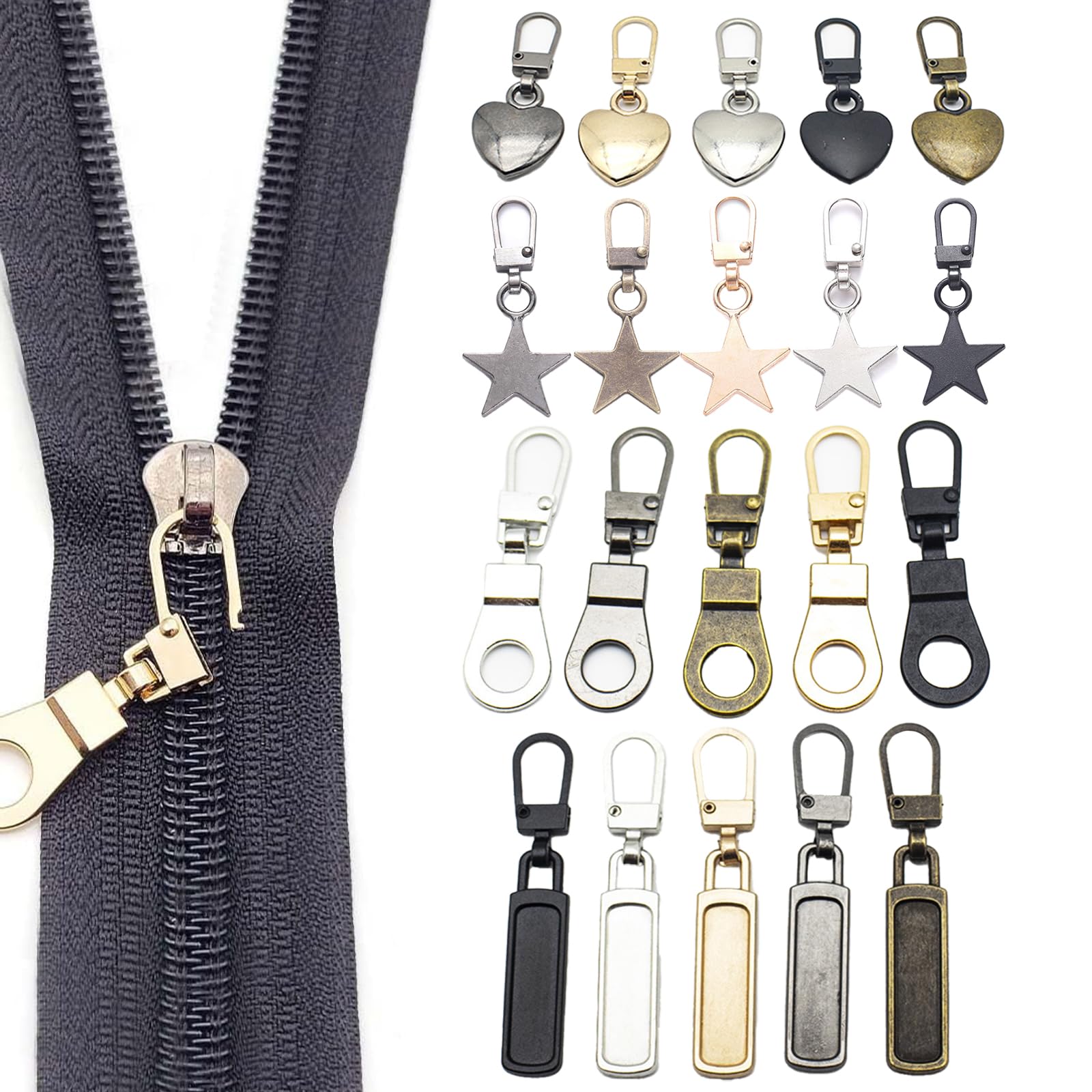 FDJZXWFDJZXW Pack of 20 Removable Zip Zip Pendant Zipper for Zip, Metal Zip Puller for Clothing, Suitcase, Trousers, Suitcase, Purses (4 Styles, 5 Colours)
