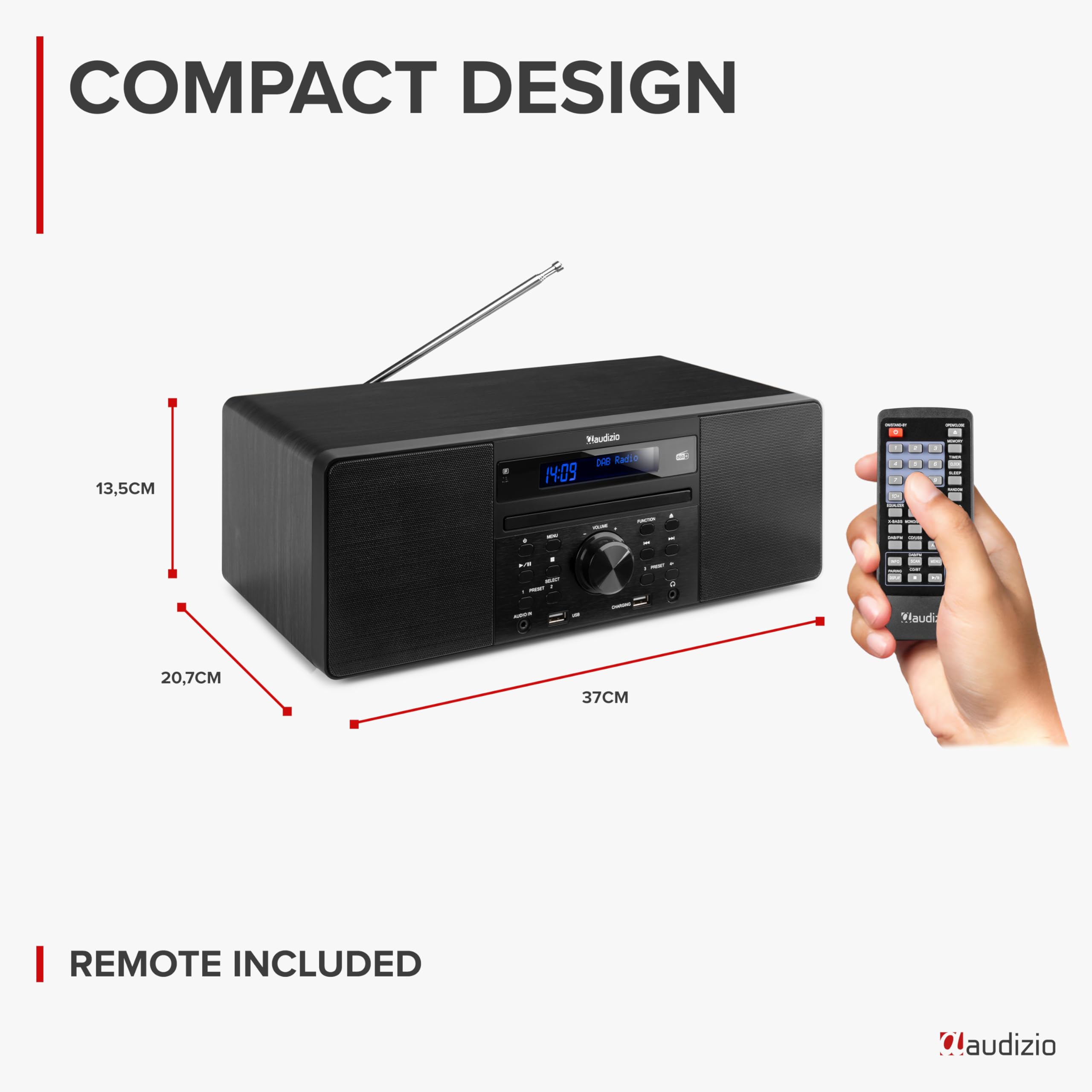 DAB radio met CD speler, Bluetooth, USB mp3 speler en radio - Stereo - Audizio Prato (102.217) (Black)