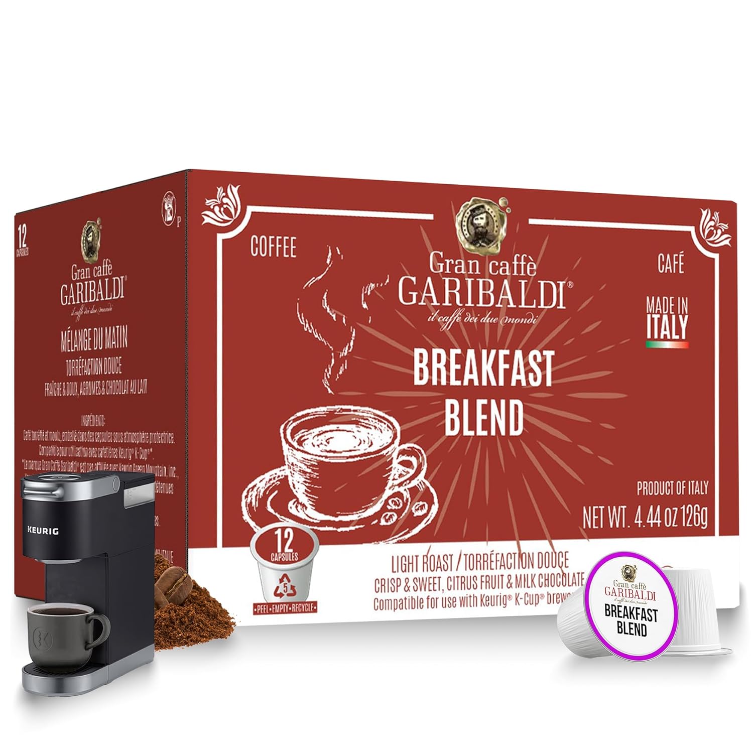 Caffè Garibaldi Breakfast Blend Coffee Pods, Single-Serve Capsules for Keurig K-Cup Brewers, Single Serve Cups with 100% Arabica Blend, 12 Count Recyclable Coffee Pods – Light Roast