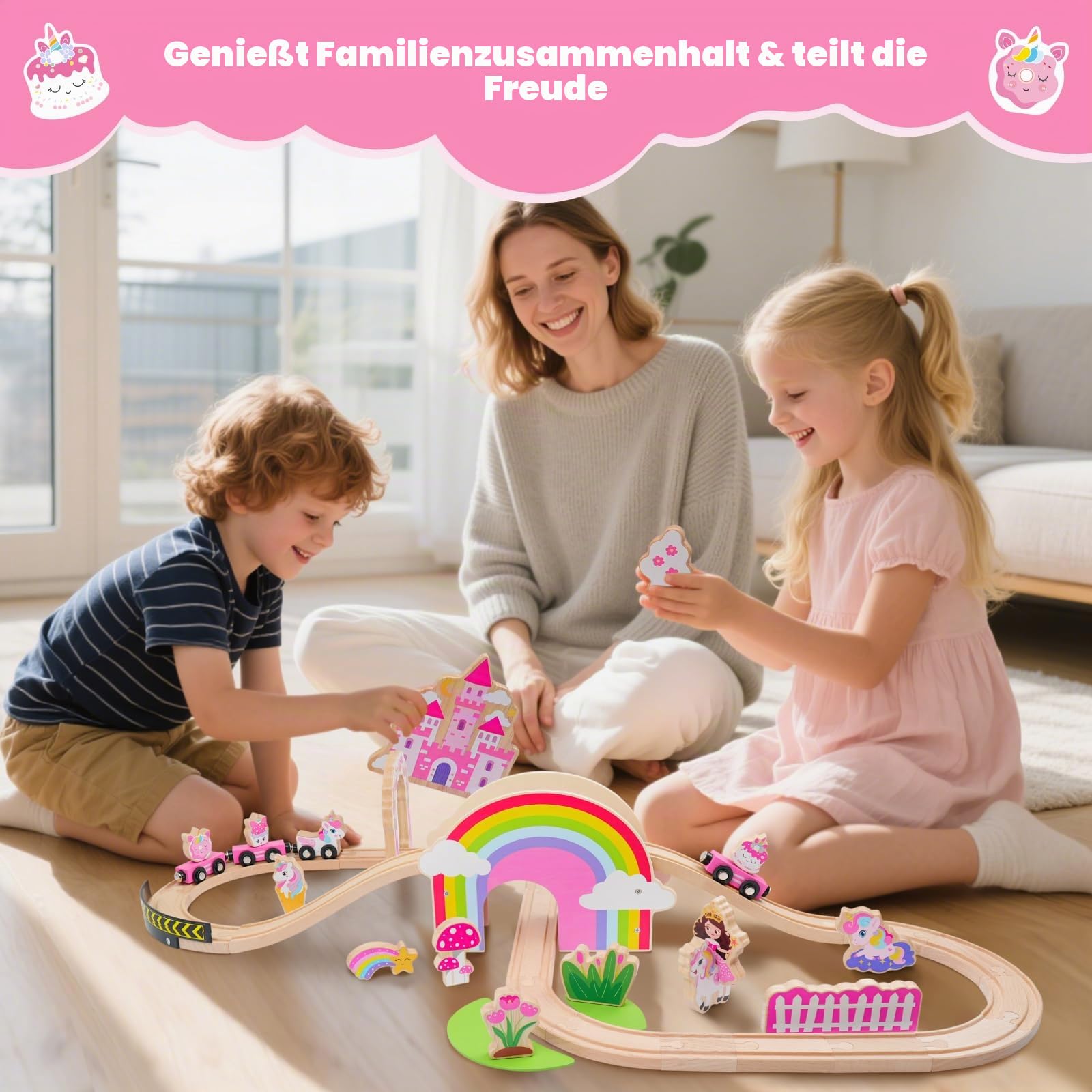 SIMPLIPLAY Holzeisenbahnset – 43-teiliges magnetisches Einhorn-Spielzeugzugset mit Holzeisenbahnschienen und Brücke für Mädchen und Kleinkinder, Geburtstag oder zu Weihnachten