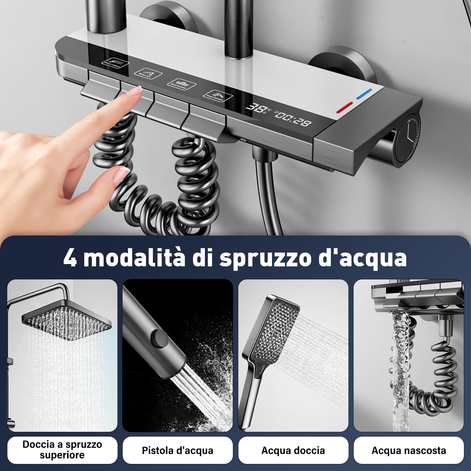 Sistema Doccia con Termostat con display digitale a LED, soffione doccia XL a pioggia, doccetta, getto ausiliario e rubinetto a cascata – Acciaio inossidabile – Colonna Doccia Regolabile