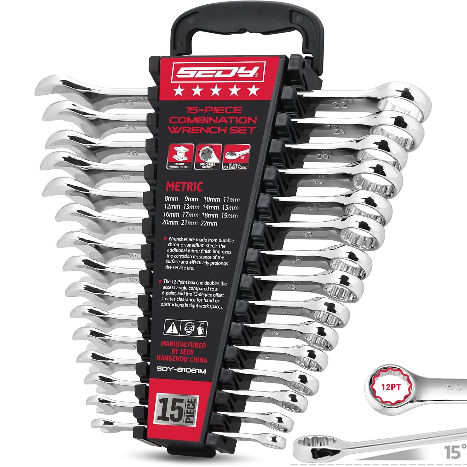 Photo 1 of 15-Piece Metric Combination Wrench Set, 8–22mm 12-Point Open End and Box End Wrench Kit with Organizer, Chrome Vanadium Steel Tools for Mechanics, Garages and Workshops