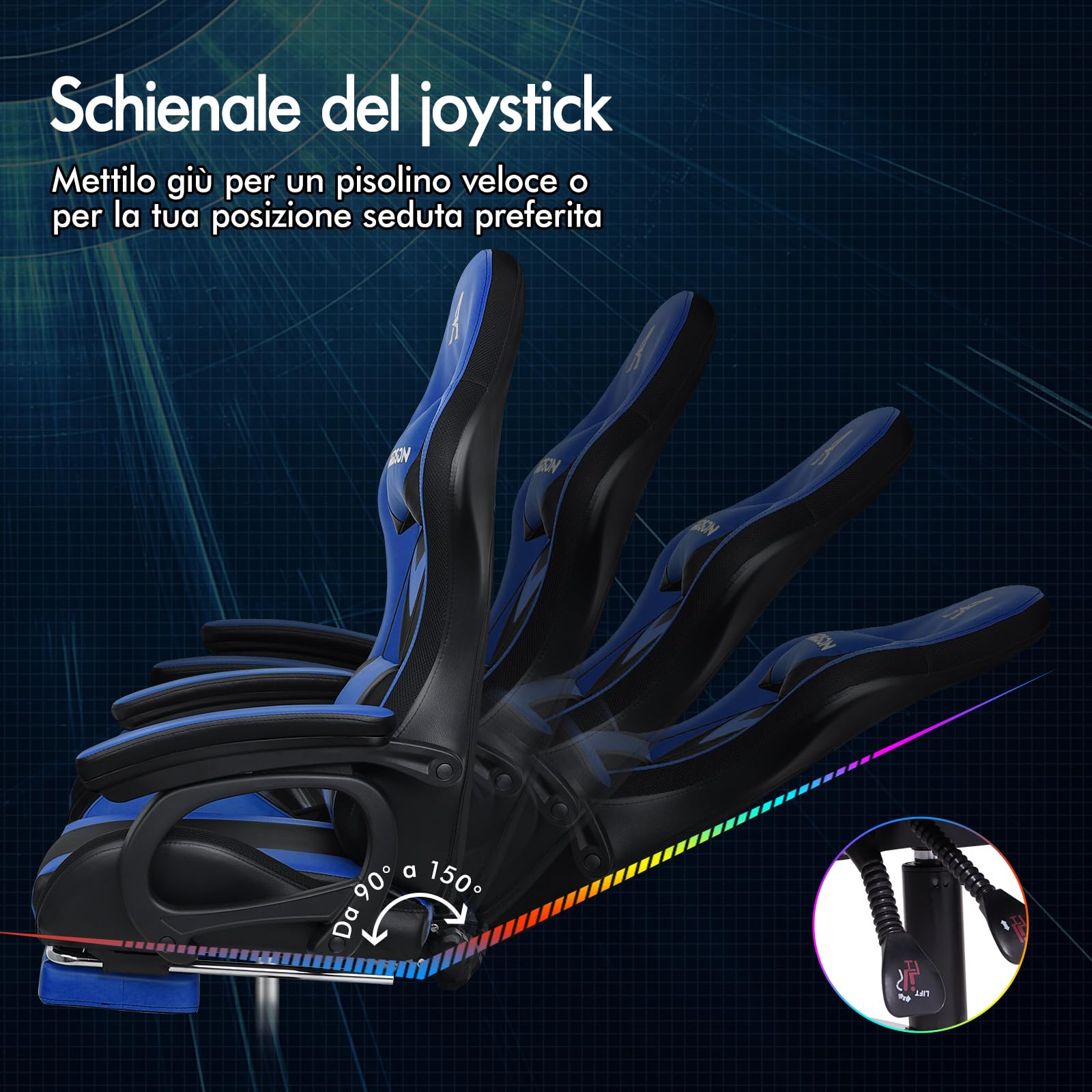 ALFORDSON Sedia Gaming Massaggiante con Luci LED y Poggiapiedi Blu | Poltrona Gamer in Similpelle Serie MARC, Cuscini schiena e lombare con massaggio, poggiatesta e supporto lombare