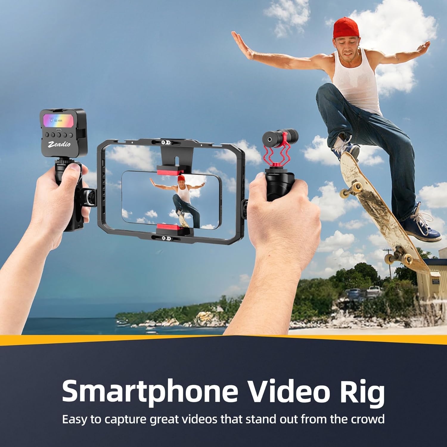 Zeadio Estabilizador de mano para cámara con soporte de jaula de video de aluminio para smartphone, agarre triple de zapata fría, compatible con todas las cámaras de acción y smartphones DSLR