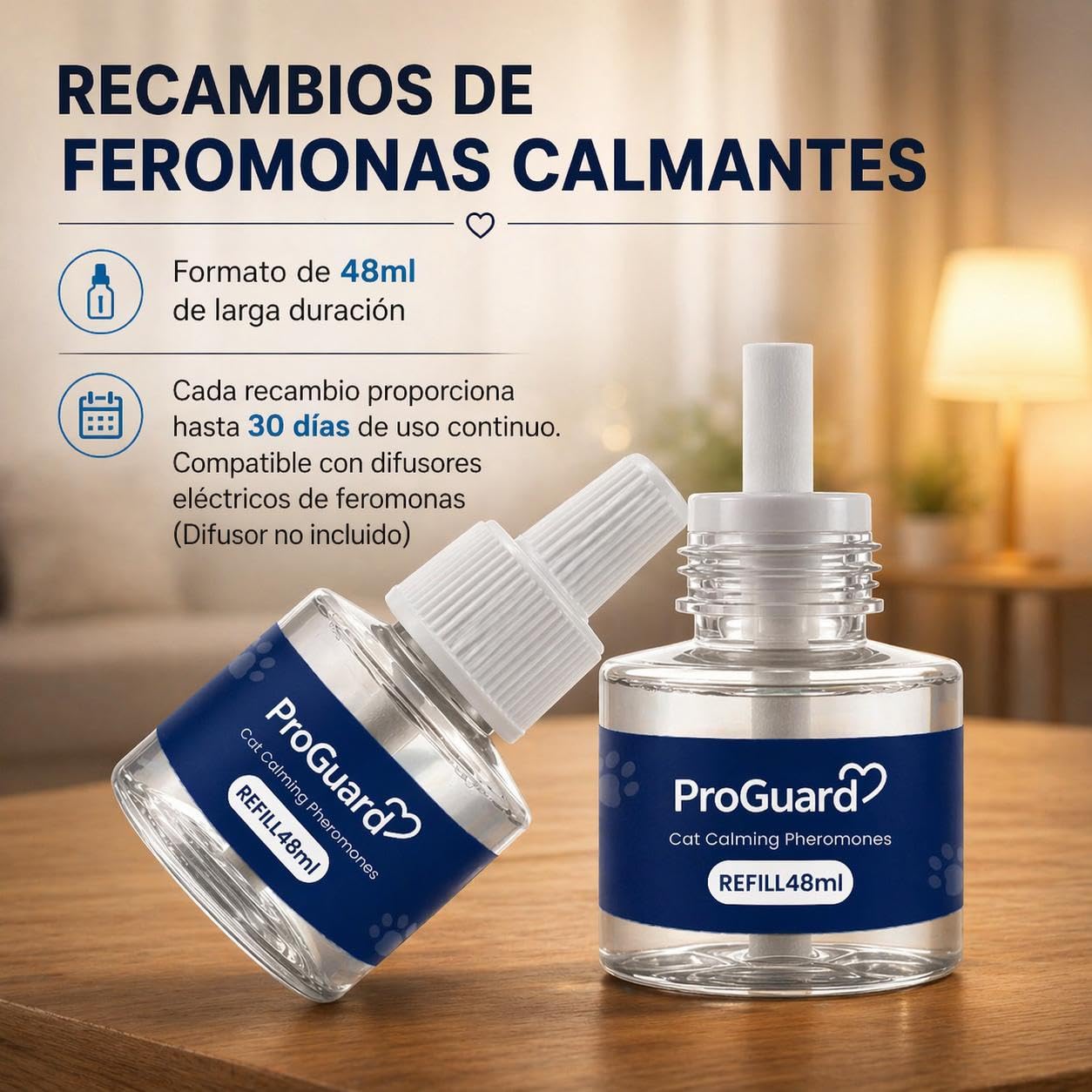 ProGuard® Recambios de Feromonas Calmantes para Gatos | Pack Ahorro de 6 Unidades de 48 ml | Solución Natural Que Reduce Ansiedad y Estrés Felino hasta 180 Días | Ambiente Tranquilo en el Hogar