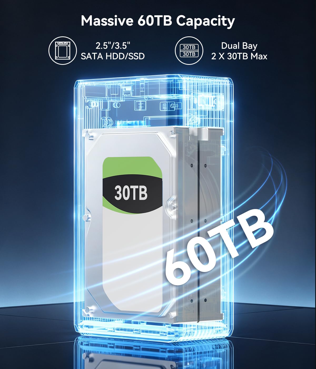 VANGREE Caja de disco duro RAID de doble bahía para disco duro SATA HDD/SSD de 2.5 pulgadas/3.5 pulgadas, carcasa de aluminio sin herramientas con ventilador de refrigeración, USB A/C 3.0, velocidad