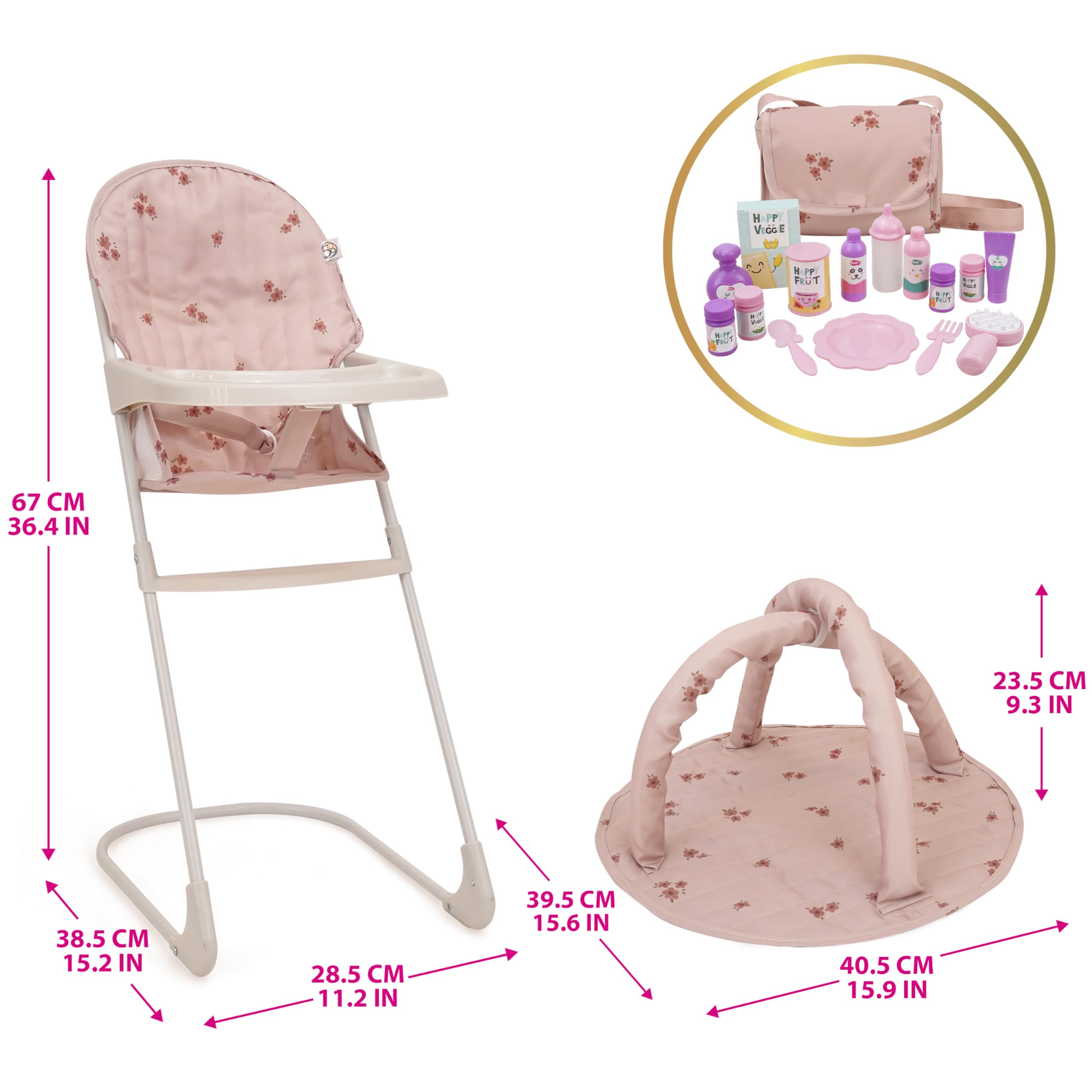 509 Zestaw 19 szt. City Park Doll Pram n Play, Multi Play Doll Pram Stroller, High Chair, Activity Gym, Changing Bag, 15 sztuk, akcesoria do lalek 53 cm, dla dzieci w wieku 3+