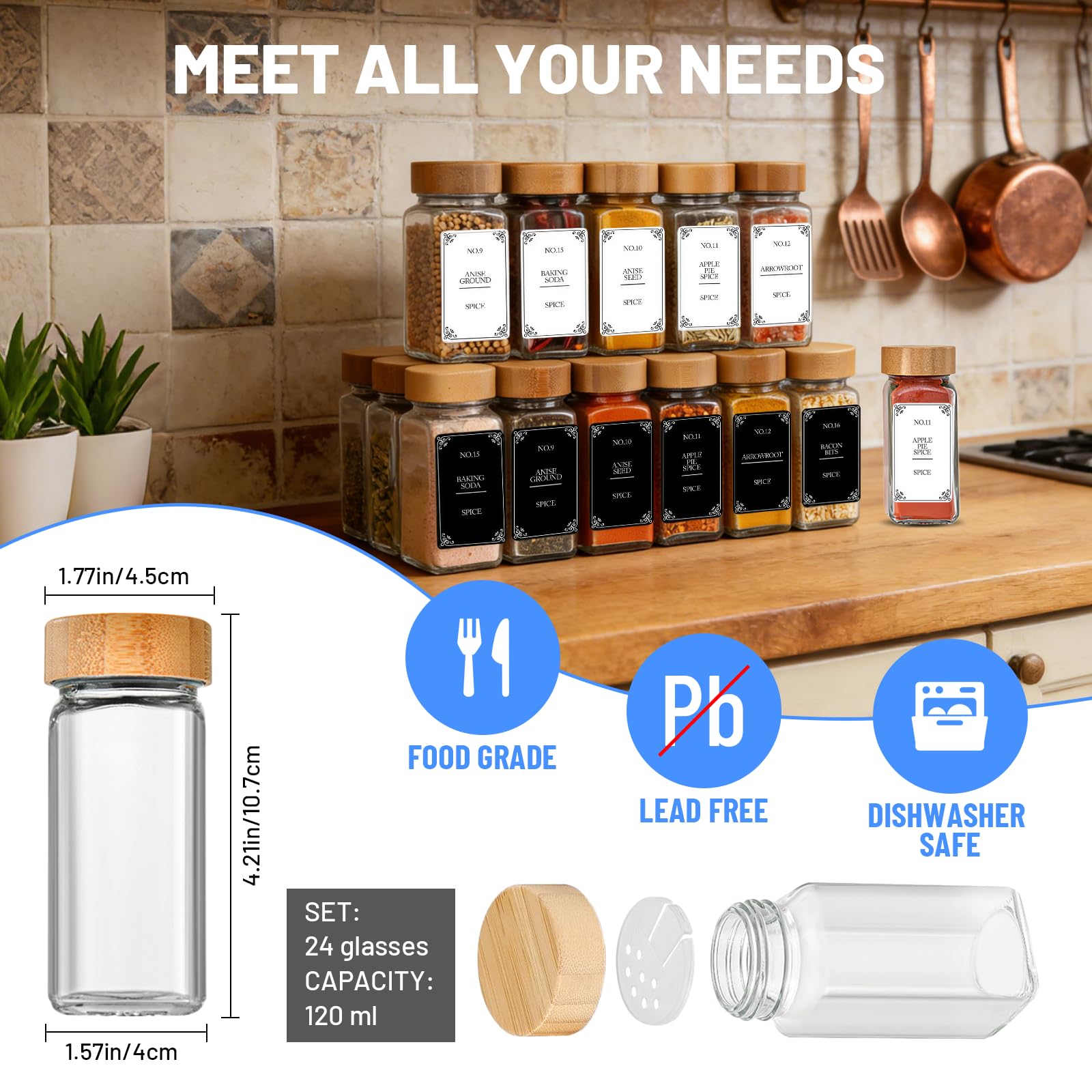24 Pot à Épices en Verre de 120 ml avec Couvercles, Rangement pour Epices de Cuisine, Bocaux Carrés Hermétiques avec Entonnoir et 648 Étiquettes, Convient pour Le Camping