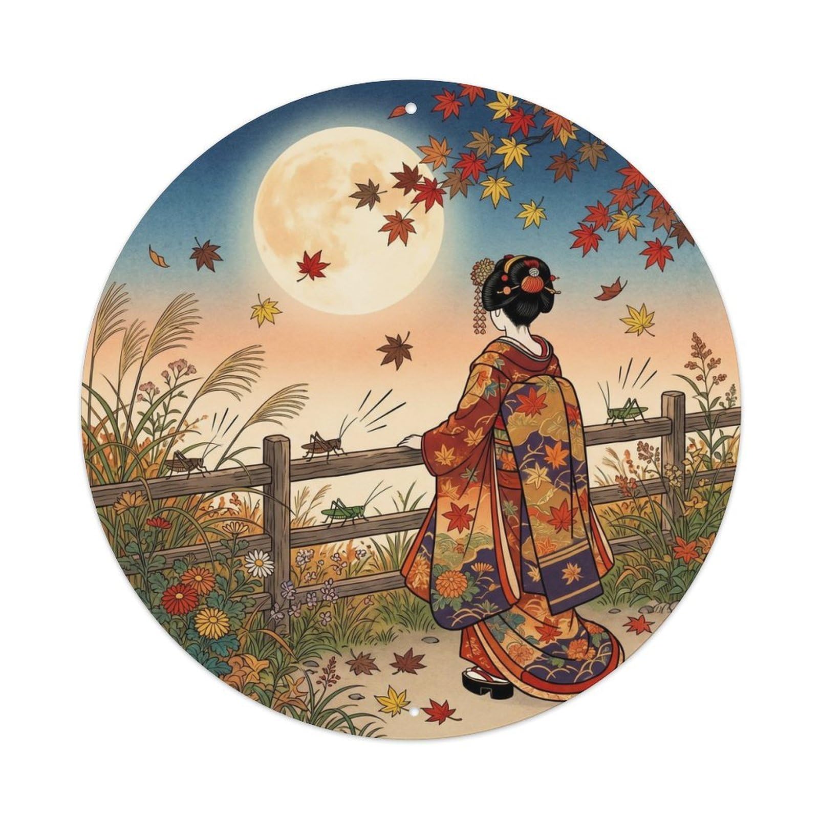 Galvaxio Style Japanese Kimono Woman Listening Autumn Insects Evening Metal Tin Sign