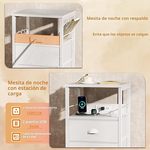 Miniatura 5 de Furologee Mesa auxiliar con estación de carga, mesita de noche con cajones de tela, mesas auxiliares con puertos USB y tomacorrientes, mesita de