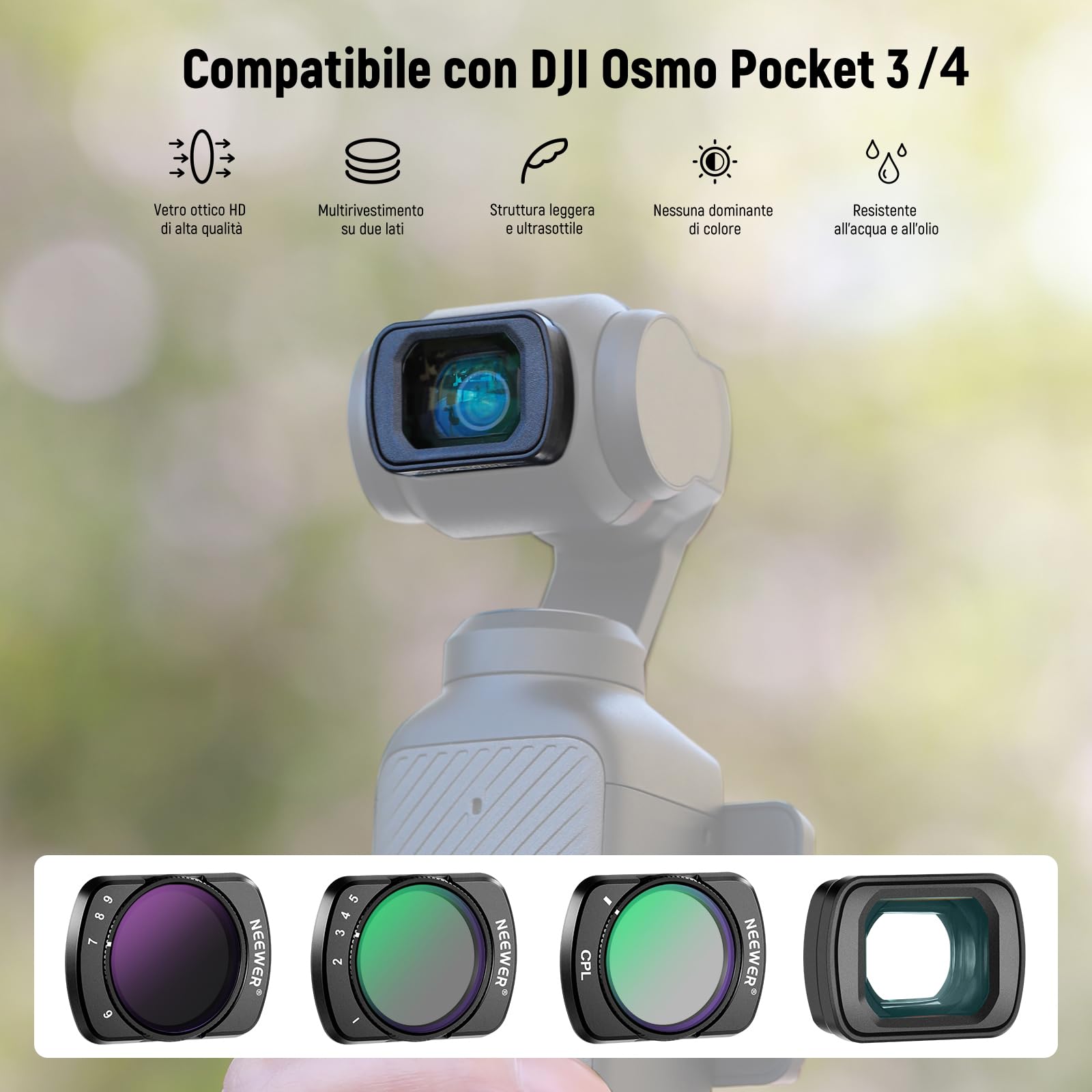 NEEWER Filtro ND Variabile Compatibile con DJI Osmo Pocket 3/Pocket 4/Xtra Muse con Obiettivo Grandangolare 0.75X a 180°e Protezione Schermo, Filtro Variabile ND2-32 + ND64-512 + CPL, FL-B15