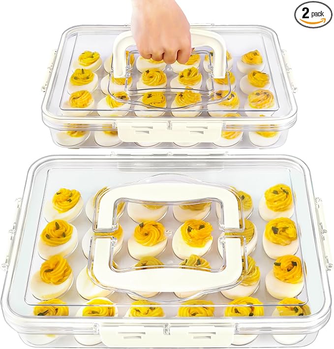 2 Pack Deviled Egg Containers with Lid and Handle, Durable Clear Plastic Deviled Egg Carrier Storage 48 Eggs, Stackable Egg Holder for Fridge, Portable Tray Platter for Party & Picnics-White