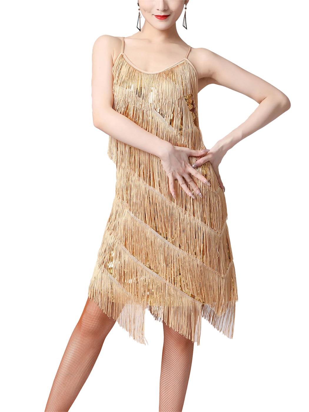 Vestido de jazz latino sin mangas con borlas para mujer, sexy, con lentejuelas, para salsa