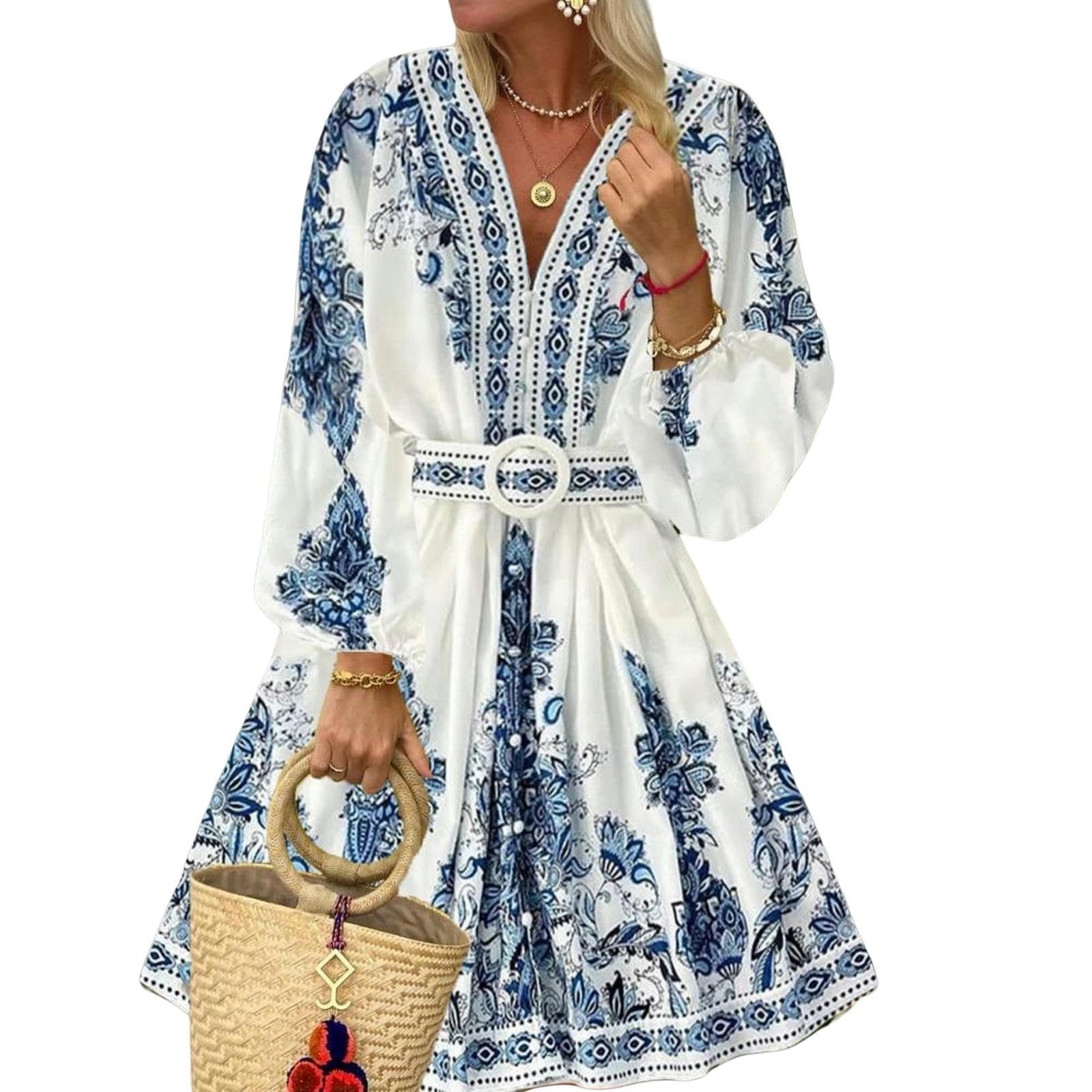 Vestido estampado de manga larga con cuello en V para mujer. YYEFNMAZ