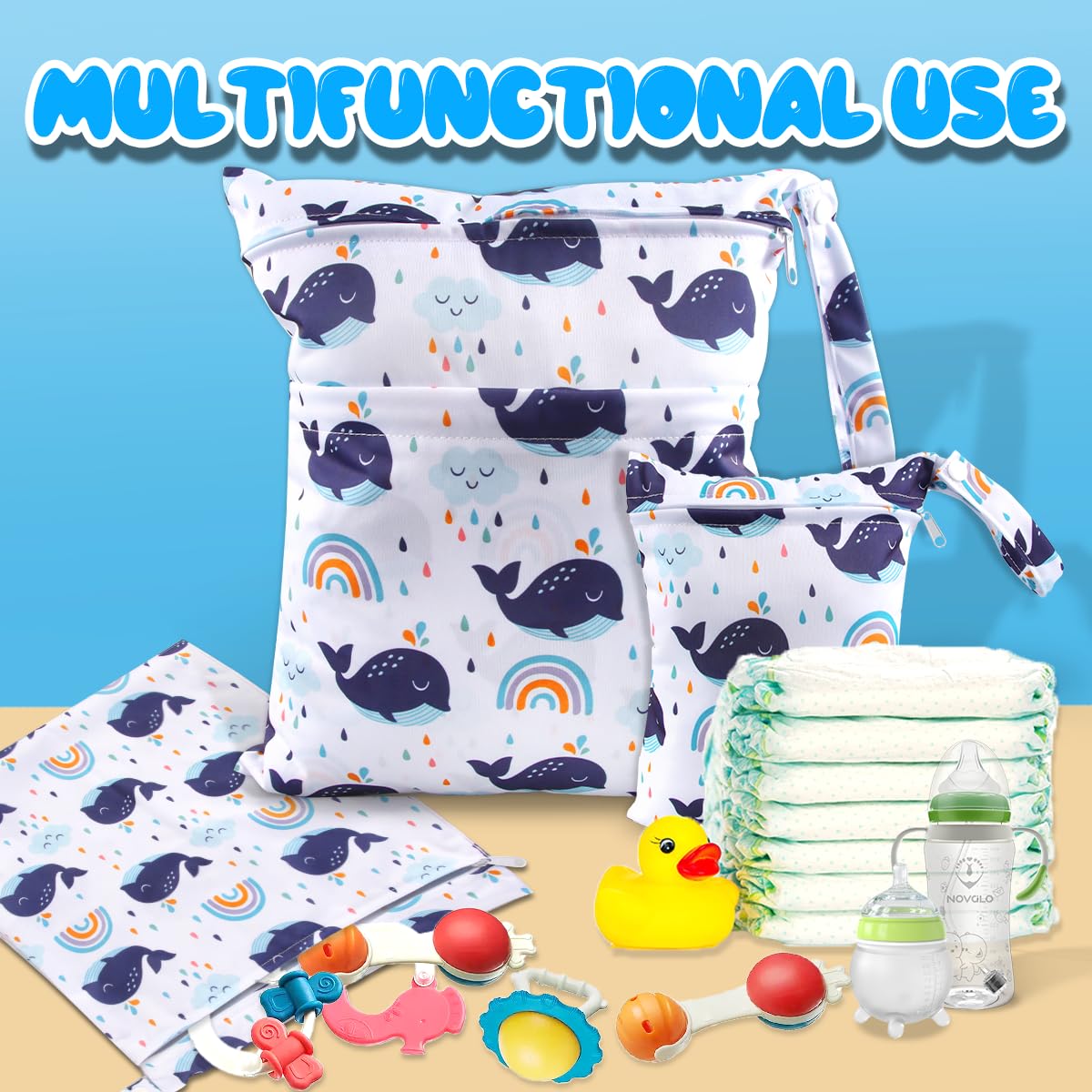 EKKONG Wetbag, 3 pezzi Wet Bag Borsa, Wetbag Pannolini Riutilizzabile, Borsa per Pannolini Lavabili Riutilizzabile, Sacchetto del Pannolino Lavabile con Zip Impermeabile Organizzatore (Balene)
