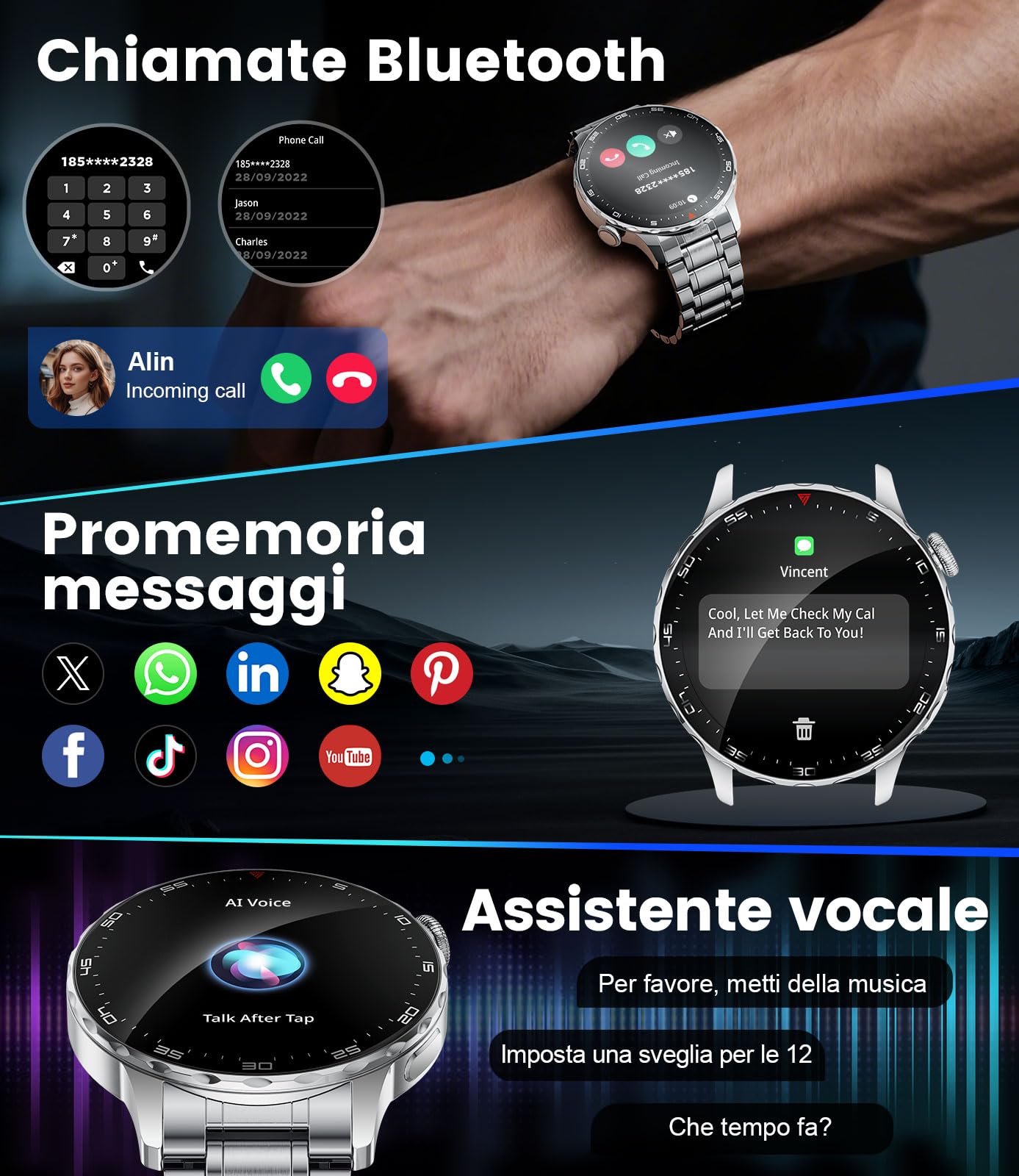 Smartwatch Uomo,1.43" AMOLED Orologio Smartwatch Uomo con Chiamate Bluetooth,123 Modalità Sportive,Monitoraggio Frequenza Cardiaca e Pressione,Cassa Acciaio Inox,per Android iOS(SML21-D)