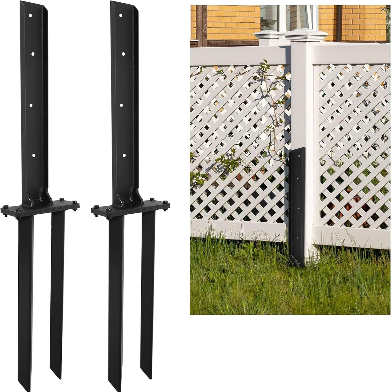 GOUZIBHD 2 Pc-Heavy Duty Steel Fence Post Repair Stakes with Ground Anchor Screw in Fix Anchors Ground Spike for Fence Posts Repair Tilted Broken Wood Posts Black