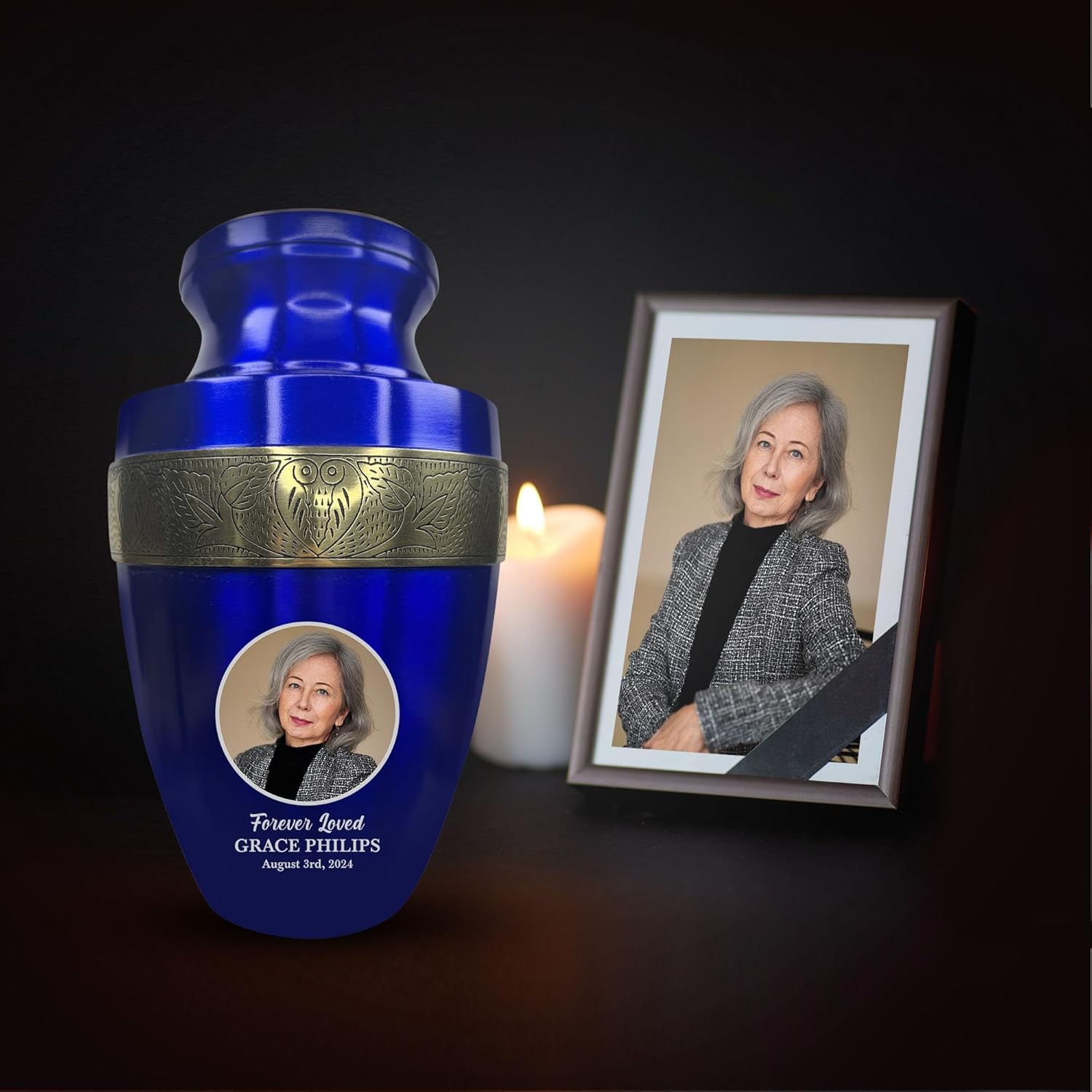 Personalized Adult Human Cremation Urn with Photo and Engraved Name Date on Vessel for Ashes and Cremains of Men and Women | Elite Series Picture Urn with Gold Rim | 200 Lbs | Blue