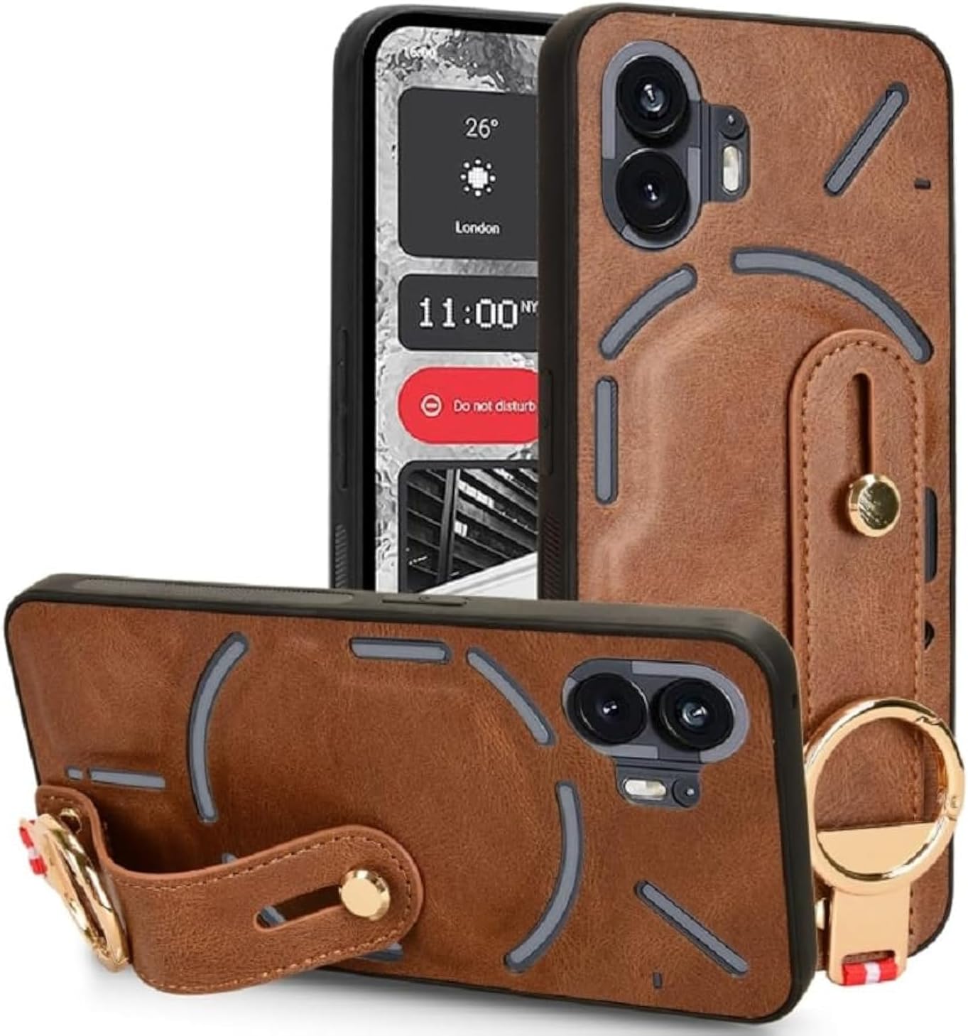 YIMICO For Nothing Phone 2 Luxury Leather Cover With Wristband, Hand Strap, Kickstand, and Metal Ring Case (Brown)