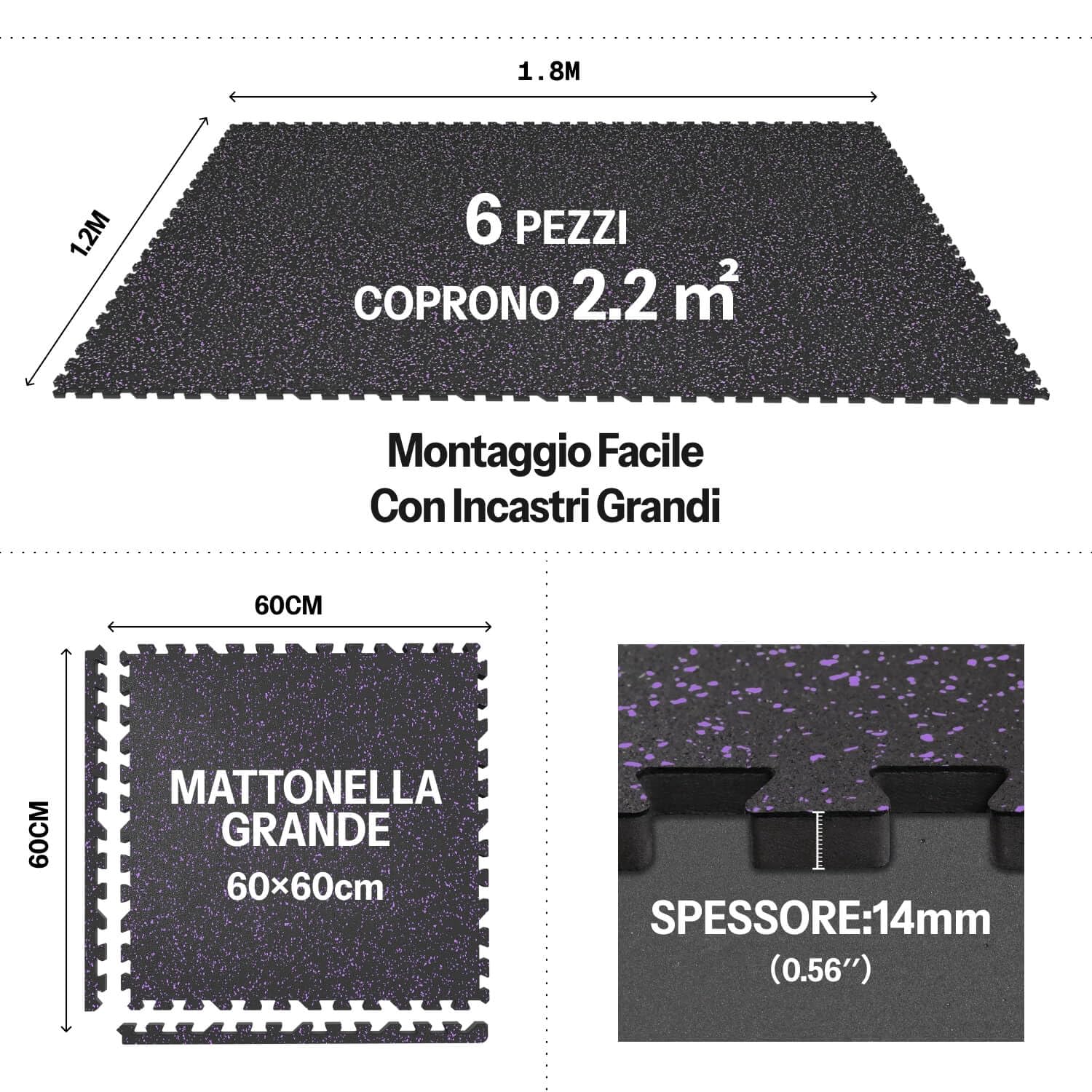AIRHOP 6 pz 60x60x1,4cm Tappetino per Attrezzature da Esercizio, Superficie in Gomma Robusta e Spessa,Tappetino Puzzle per la Protezione del Pavimento,per Palestra e Casa,Tappetino Fitness Nero&viola
