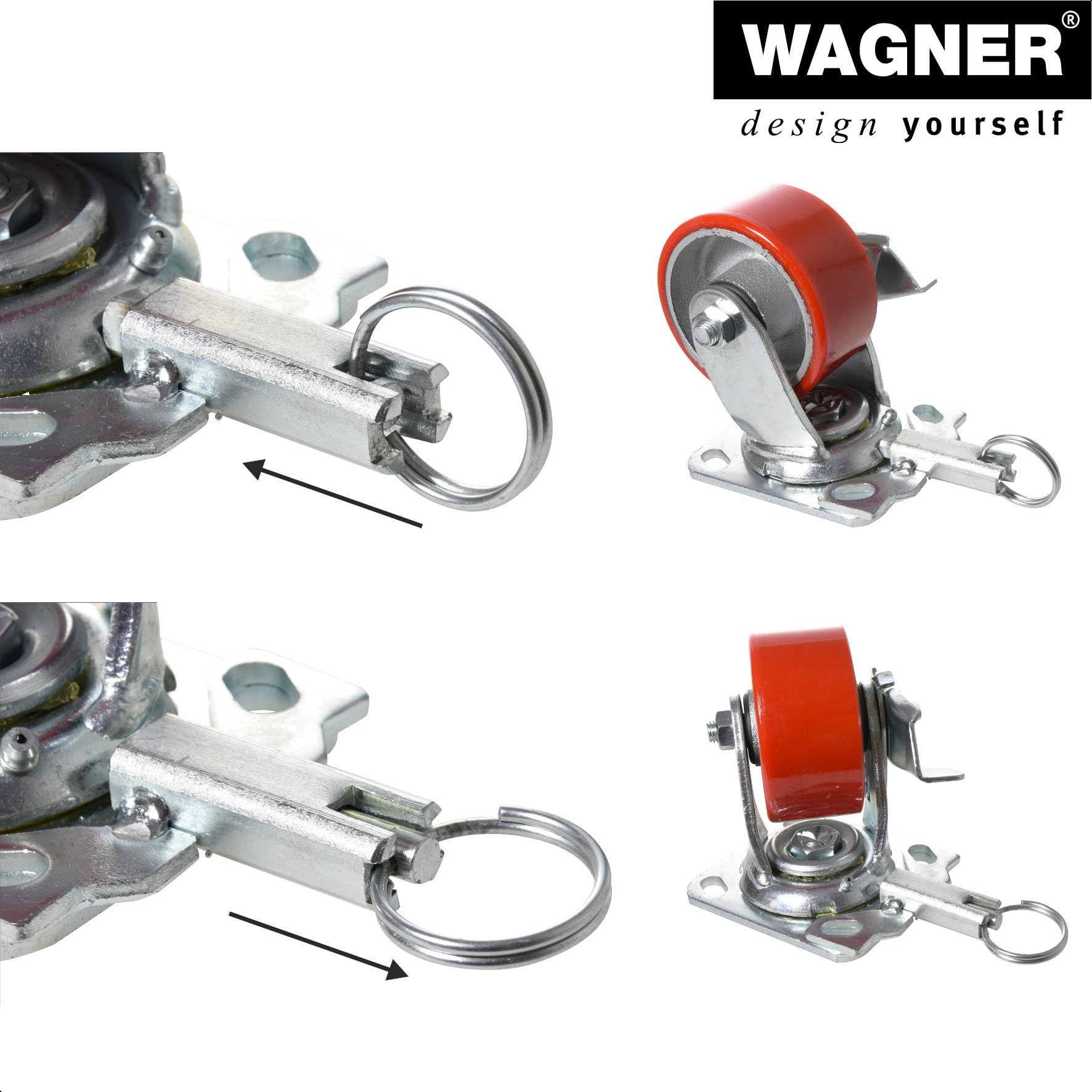 WAGNER Profi Schwerlastrolle - DIRECTION LOCK 3in1 - Lenkrolle & Bockrolle, Gusseisen- silber/rot, Softlauffläche, 2 Einspritzdüsen, Feststeller, Ø 150 mm, Höhe 155 mm, Tragkraft 400 kg - 04011501 | Tragkraft 400 kg, Rad-Ø x Breite 152 x 50 mm