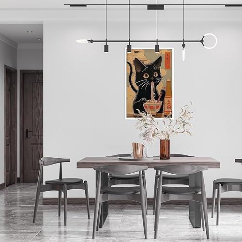 Miniatura 7 de Póster de lienzo retro de animales japoneses con gato negro, estilo vintage, gato comiendo ramen, arte de pared, regalo para amantes de los fideos,