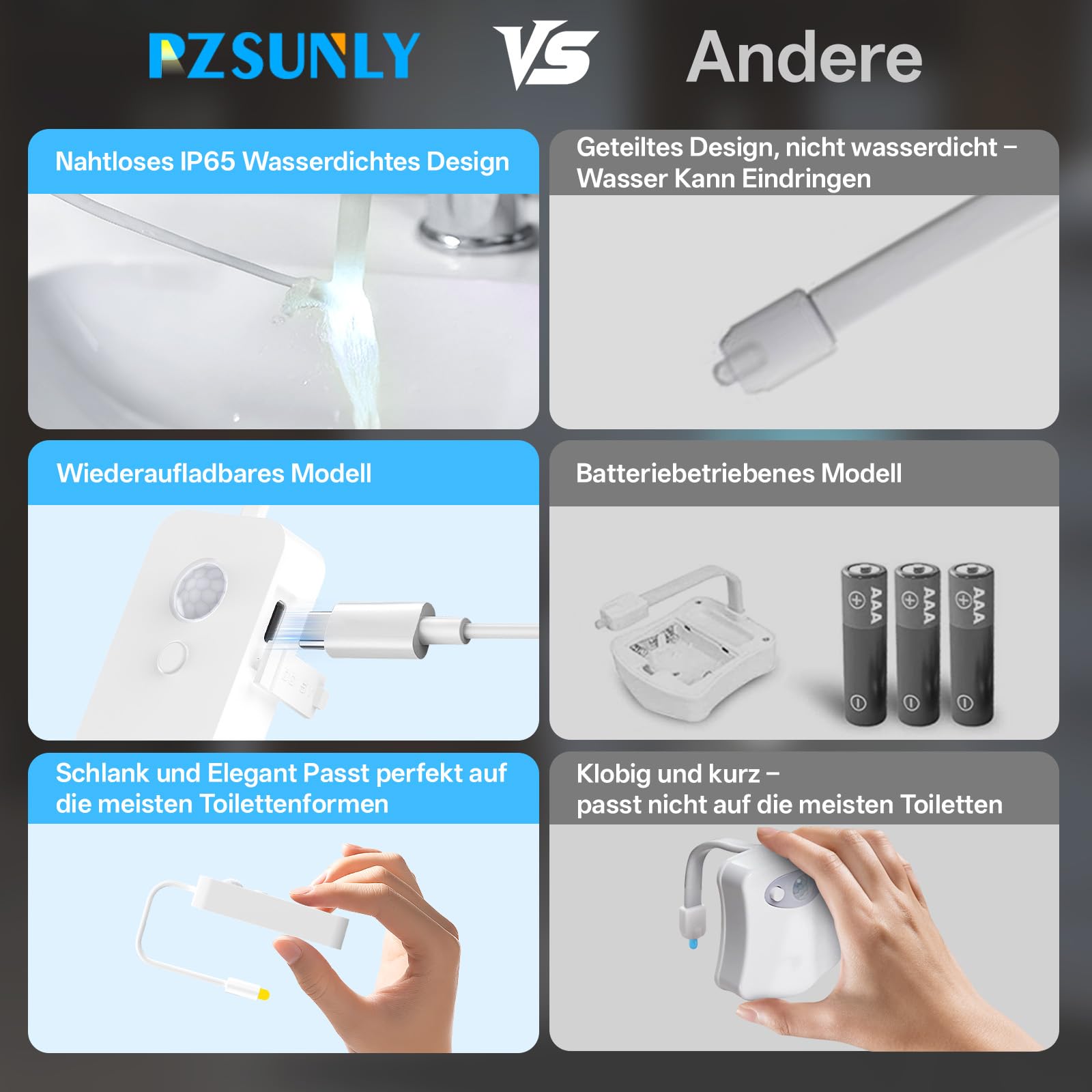 Led Toilettenlicht,IP65 wasserdicht,16 Farben, 2 Stück | Bewegungsmelder,USB-Aufladung, Aufhängbeleuchtung,RGB Farbe,500mAh,für Badezimmer/Toilette