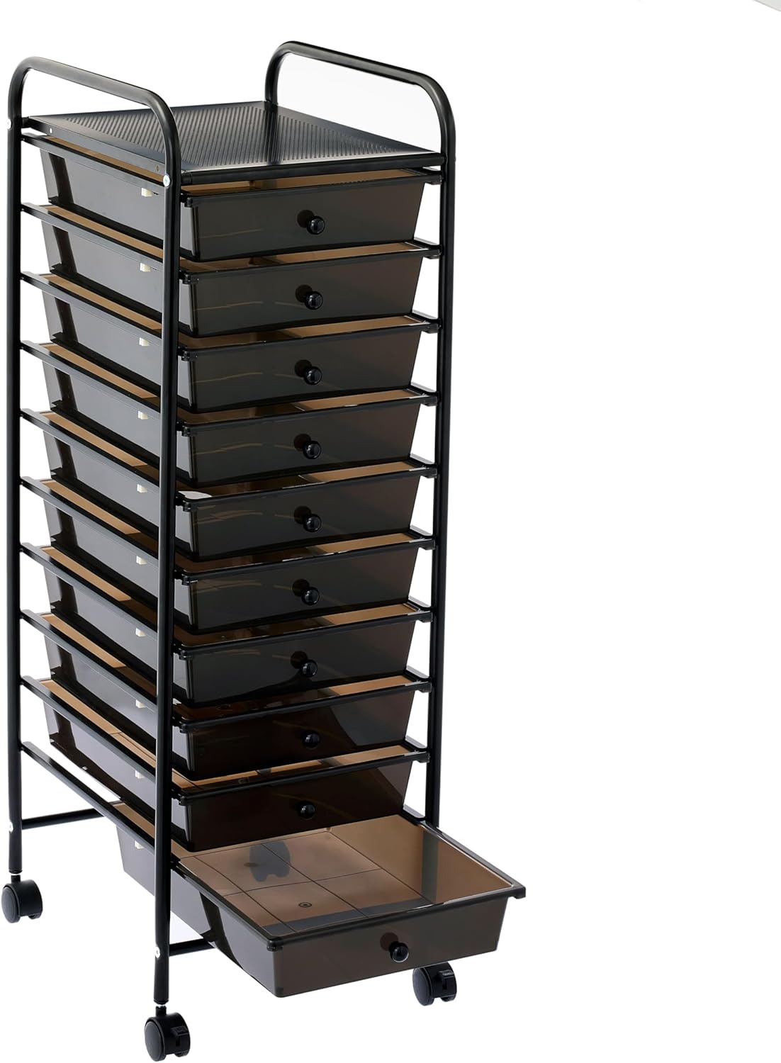 Simply Tidy 10 Drawer Matte Black Rolling Cart - Mobile Organizer with Removable Drawers, Swivel & Locking Casters, Durable Tubular Frame - 1 Set