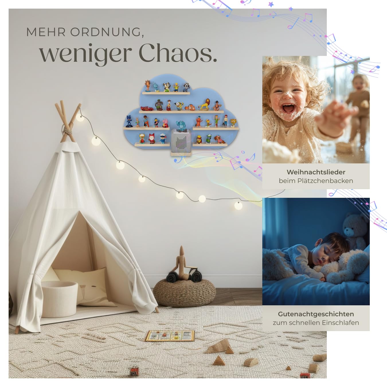 tectake® Holz Regal mit Magnetstreifen für Wand Montage, Tonieregal, Wandregal für's Kinderzimmer, Aufbewahrung Musikbox, für Tonies Tonie Hörfiguren und Toniebox - blau